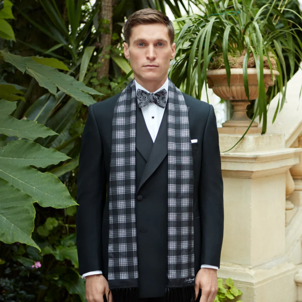 BLACK IVORY TARTAN SILK SCARF - Image 2
