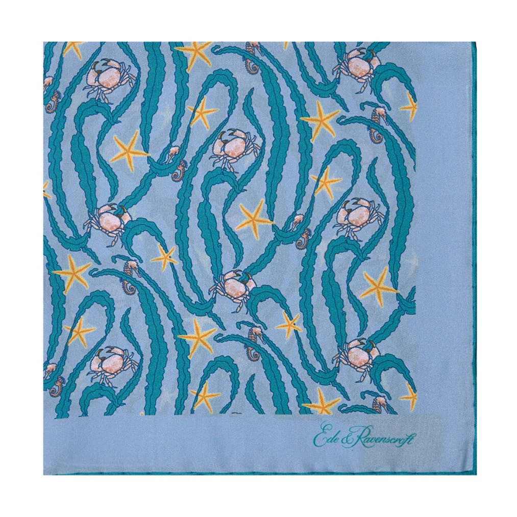 Blue and Green Crab Printed Silk Pocket Square