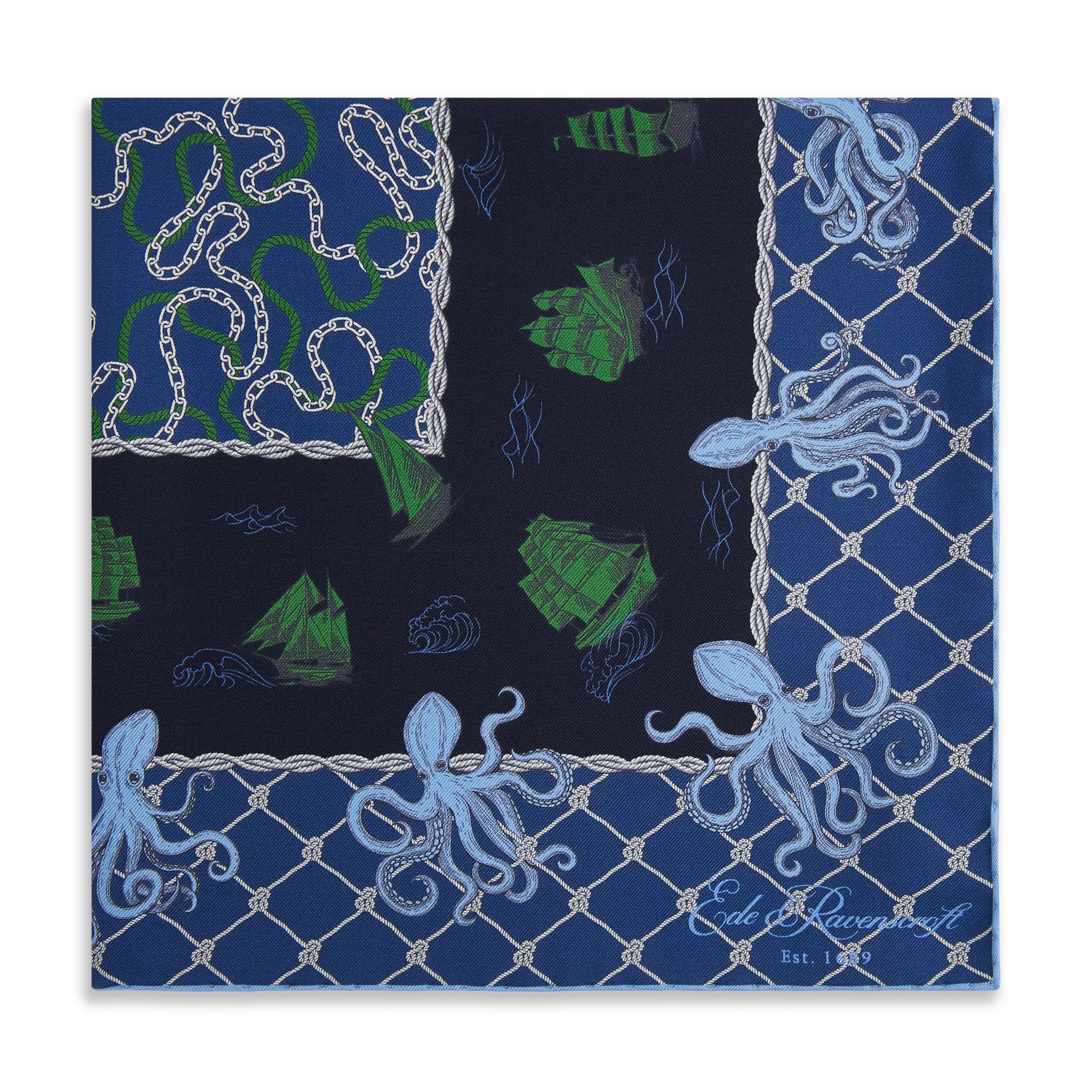 Blue Green Octopus Silk Pocket Square