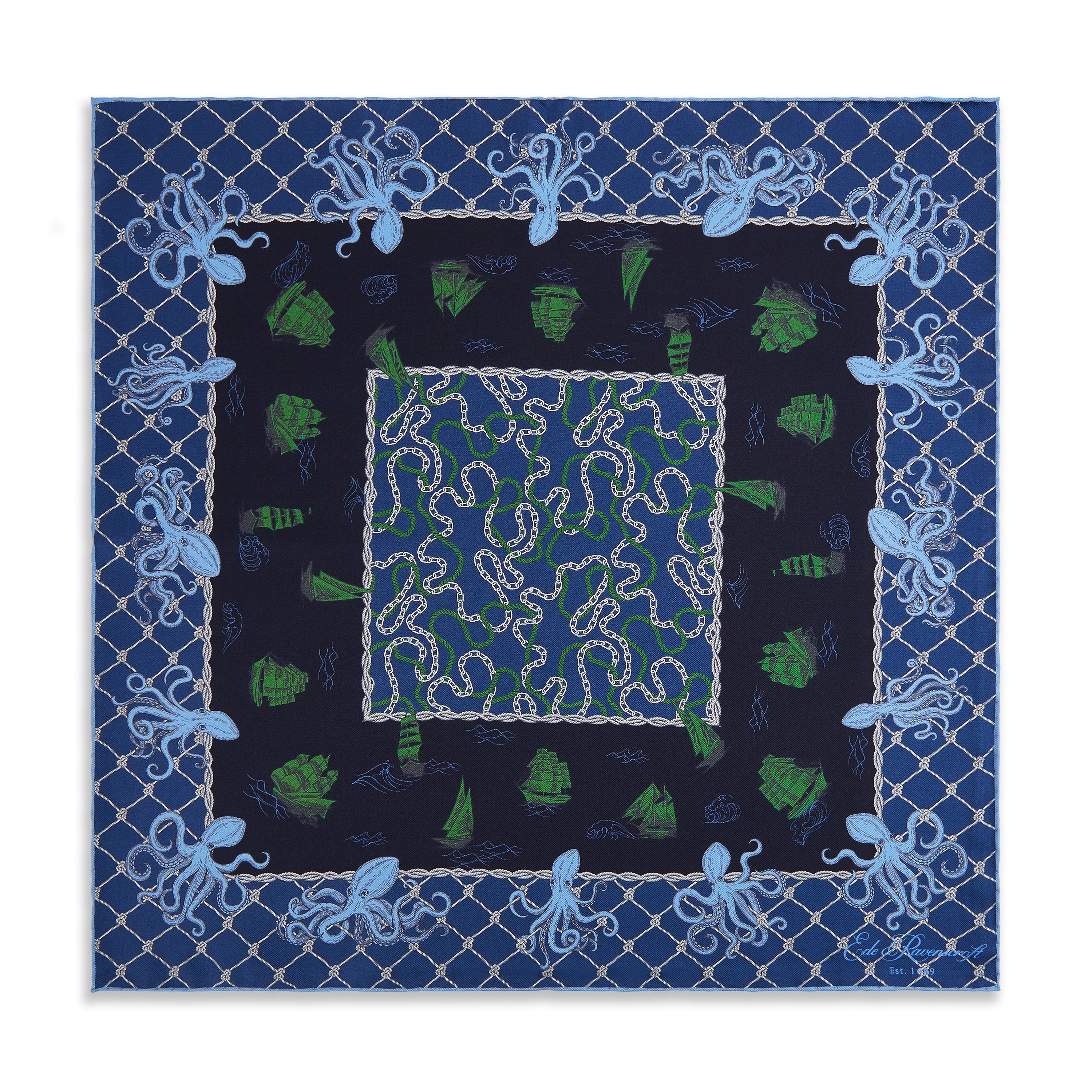 Blue Green Octopus Silk Pocket Square - Image 2