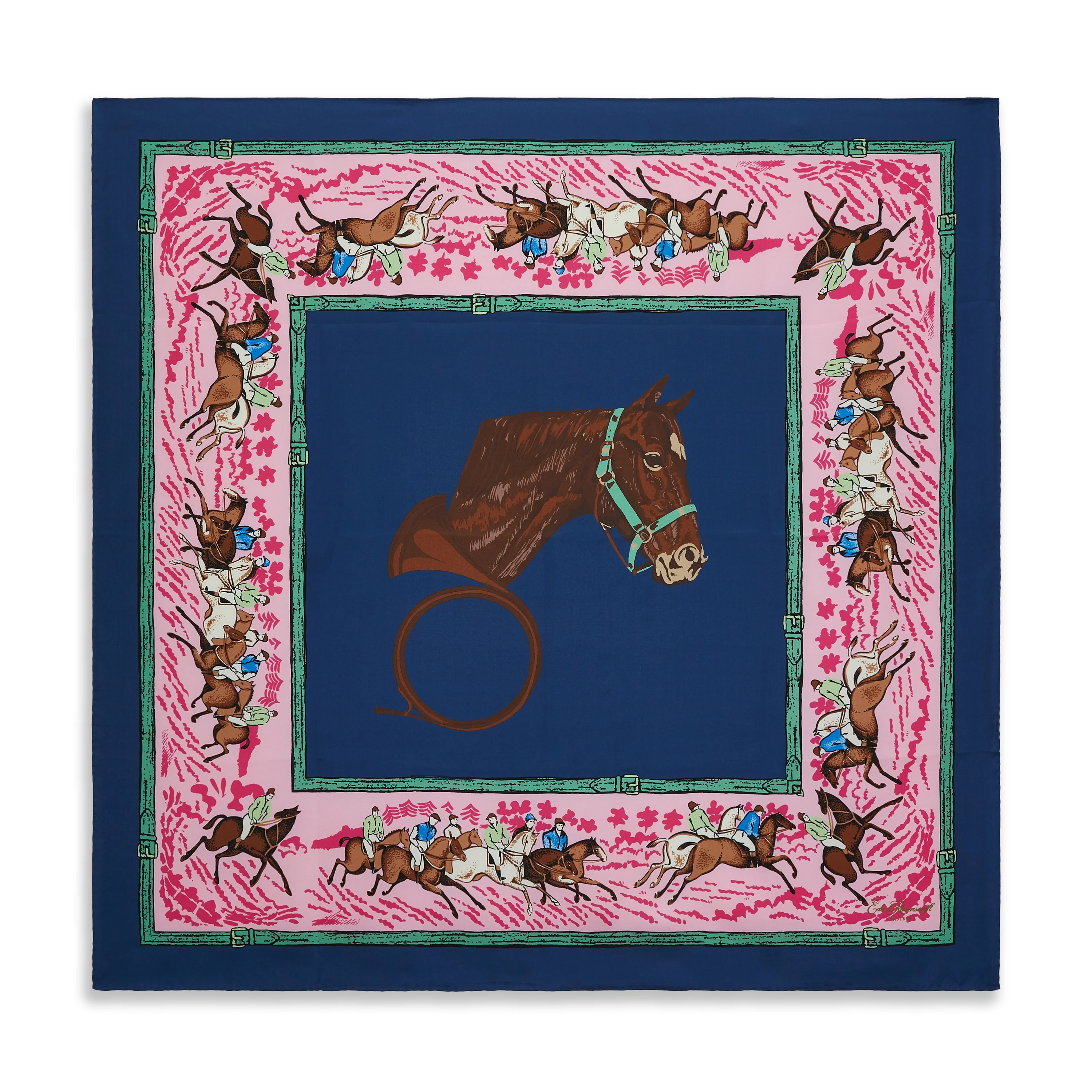 Blue Pink Equastrian Silk Square Scarf - Image 2