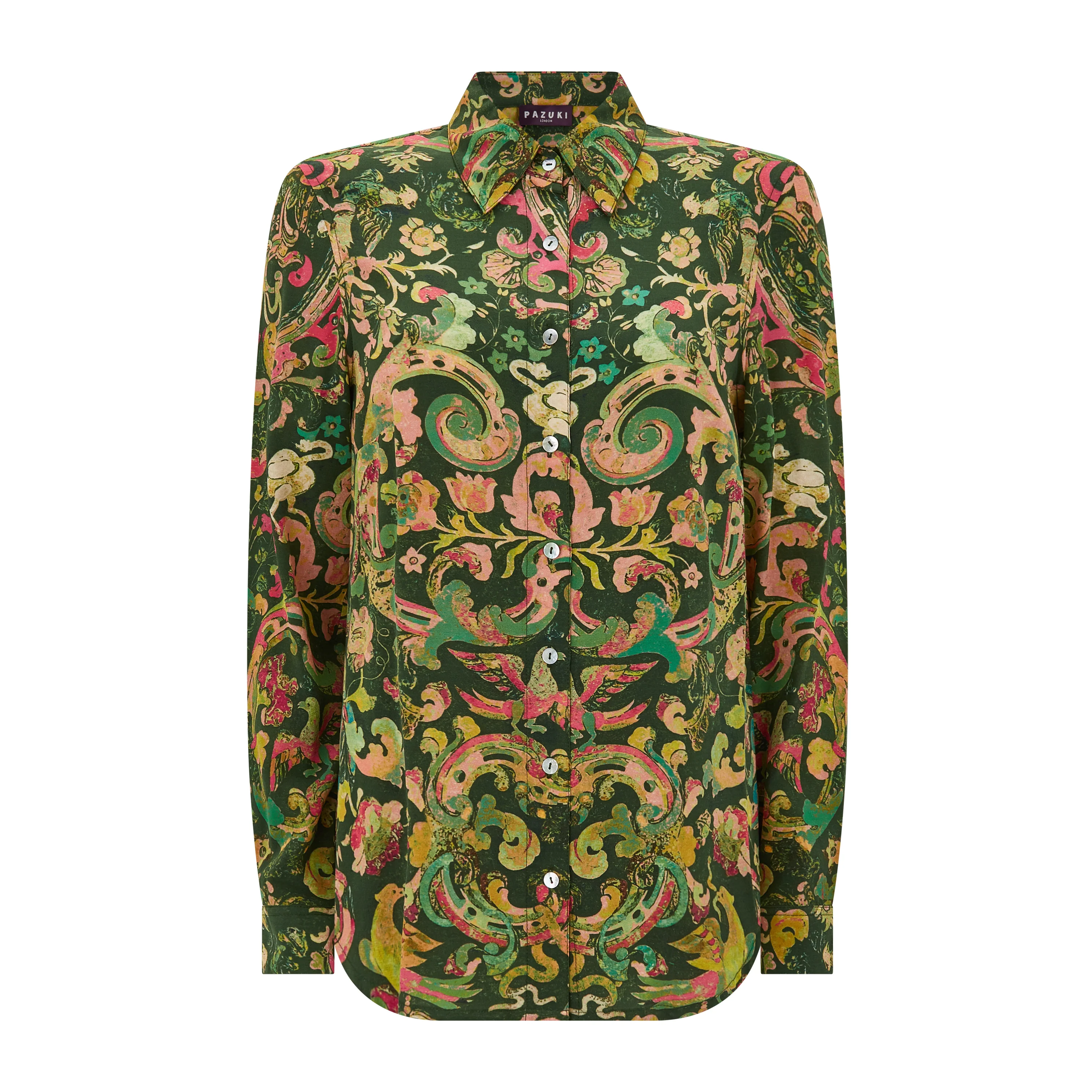 Concordia Marble Dark Green Silk Crepe De Chine Shirt