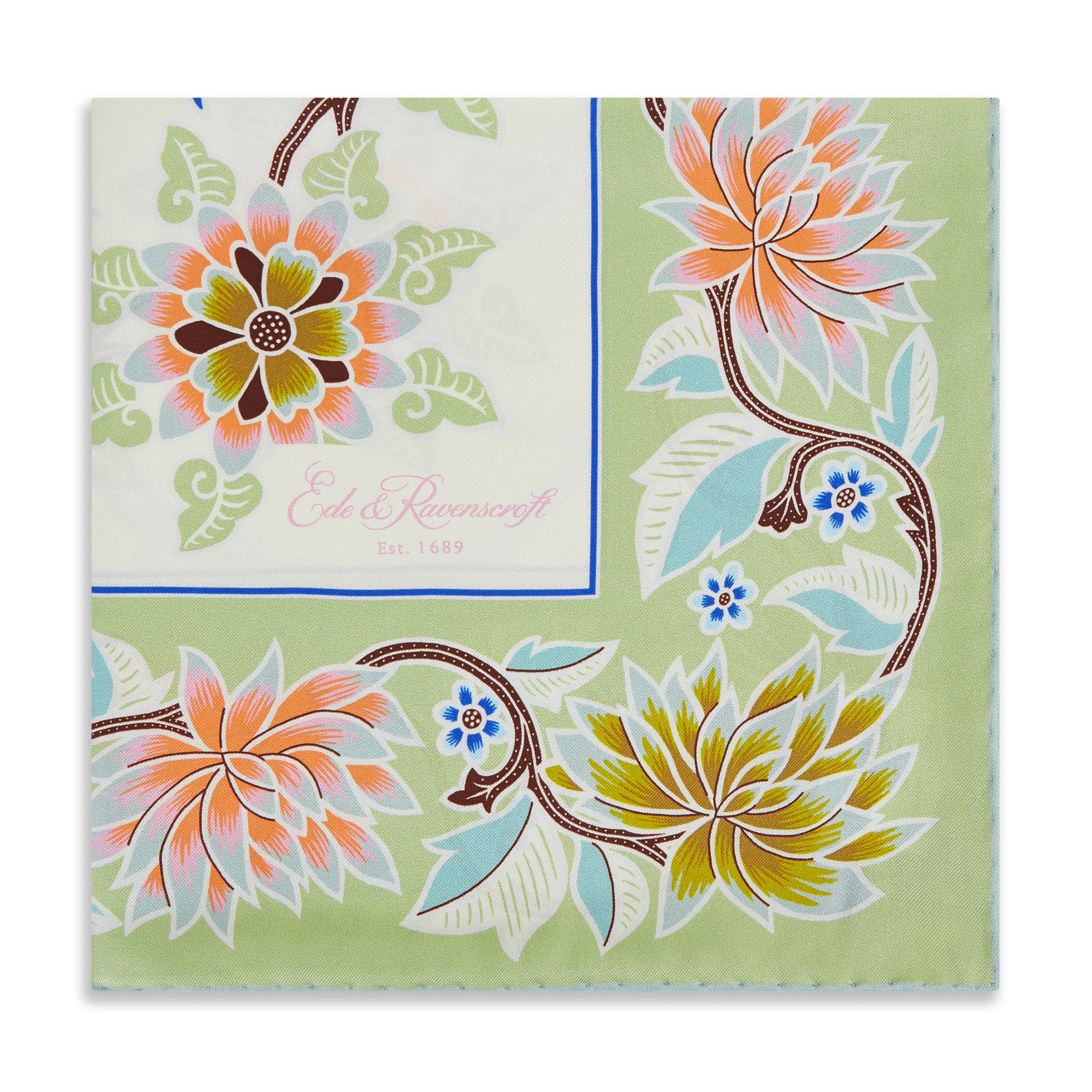 Ecru Green Bird Silk Square Scarf