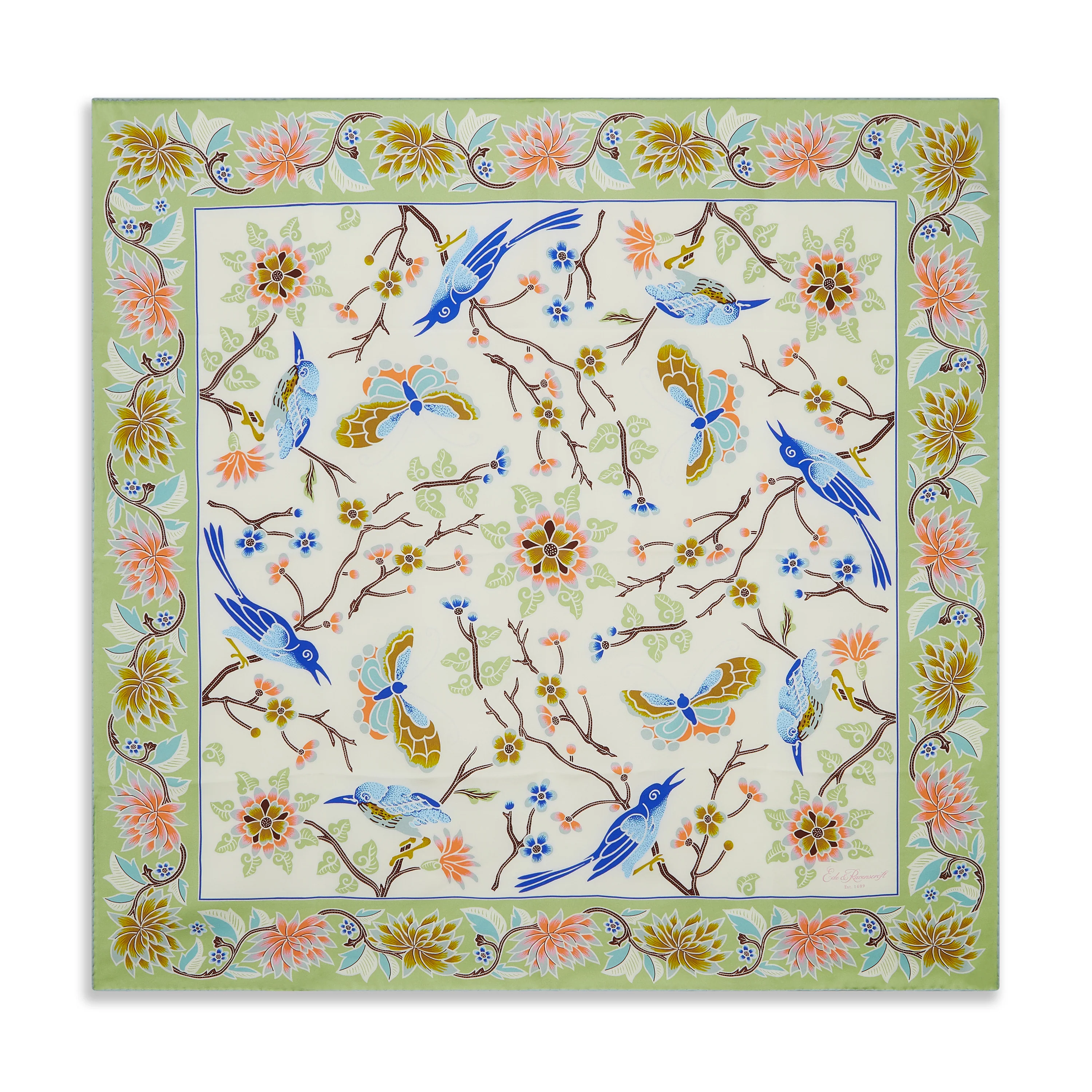 Ecru Green Bird Silk Square Scarf - Image 2