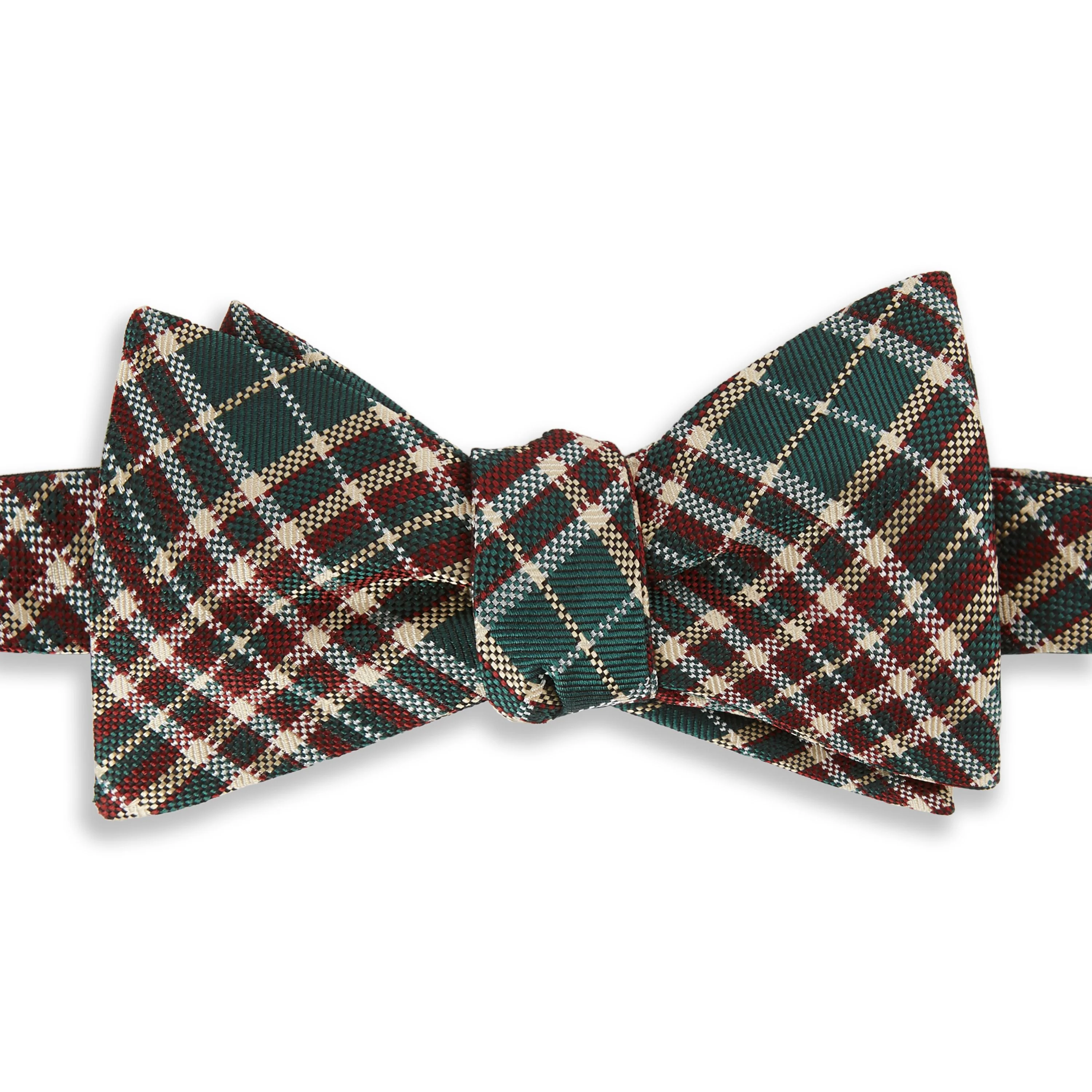 Green and Burgundy Plaid Woven Silk Bow Tie