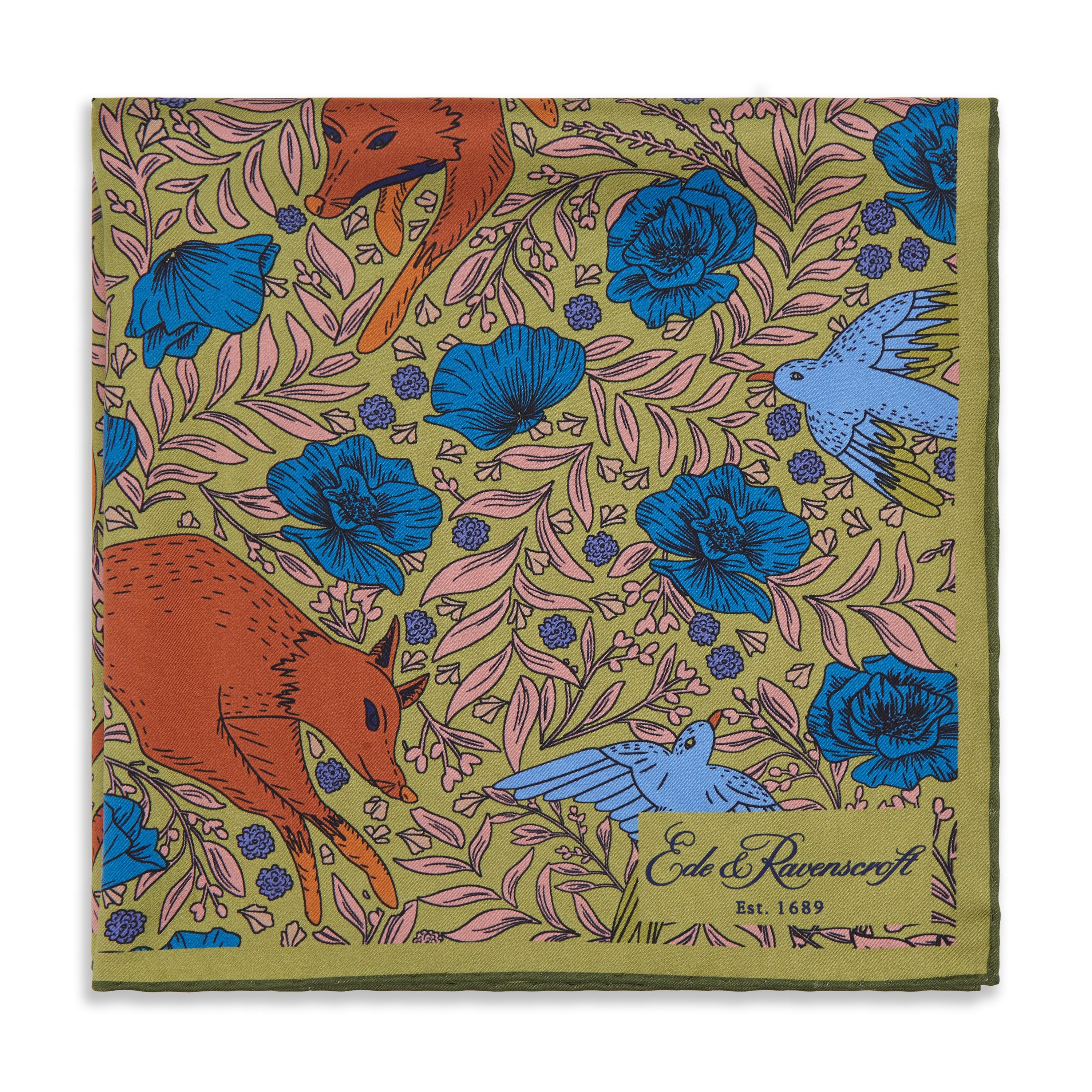 Green and Orange Playful Fox Silk Pocket Square