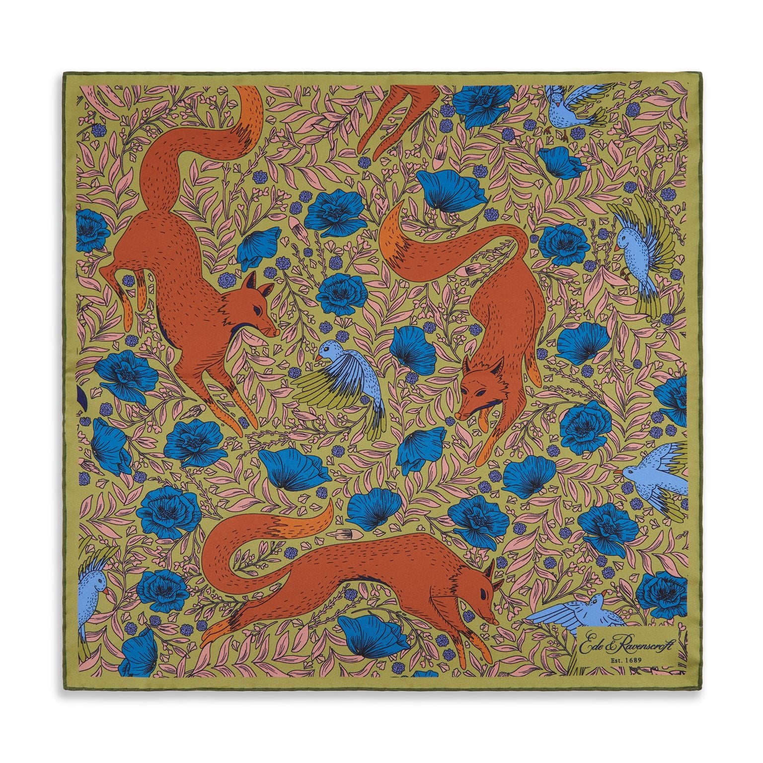 Green and Orange Playful Fox Silk Pocket Square - Image 2