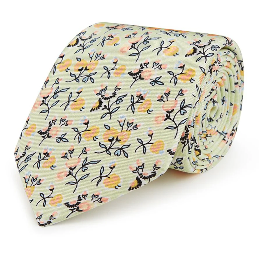 Green and Yellow Climbing Large Floral Printed Silk Tie
