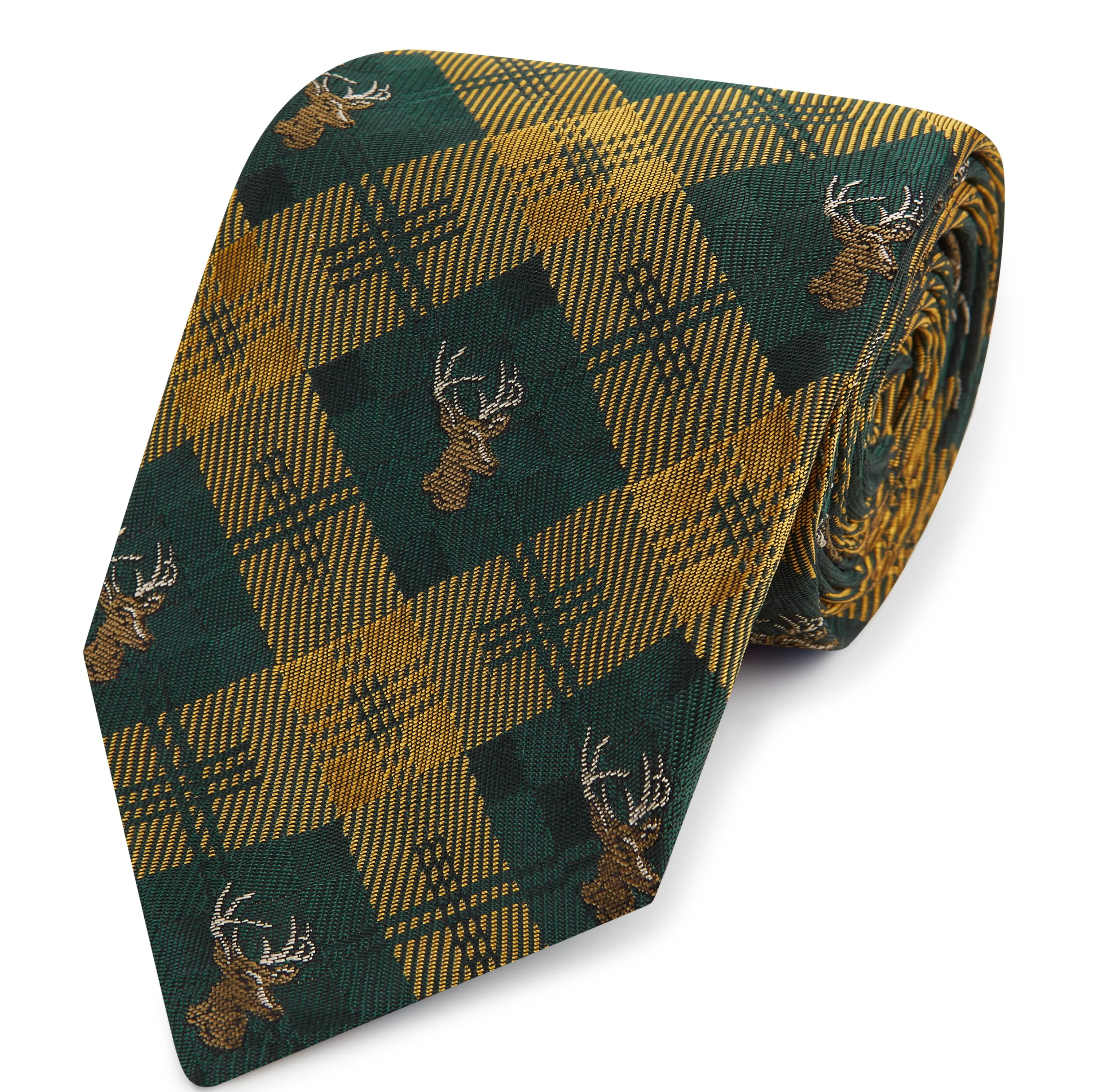 Green Gold Stag Check Woven Silk Tie