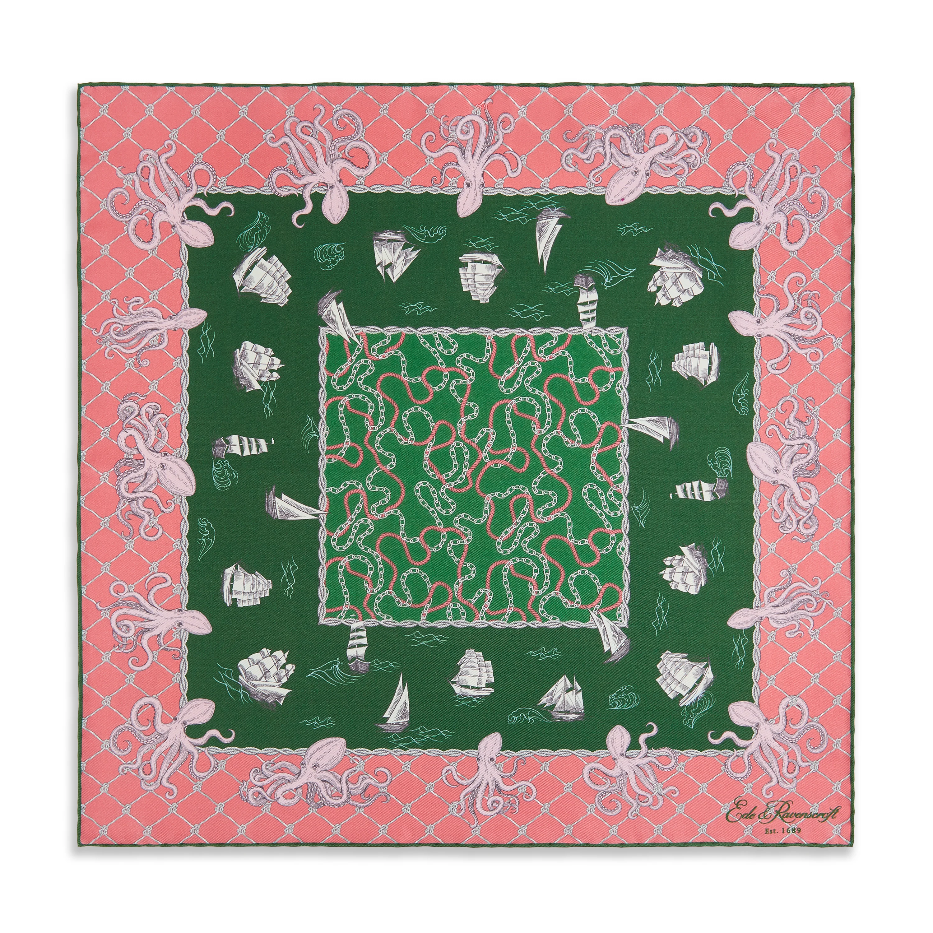 Green Pink Octopus Silk Pocket Square - Image 2