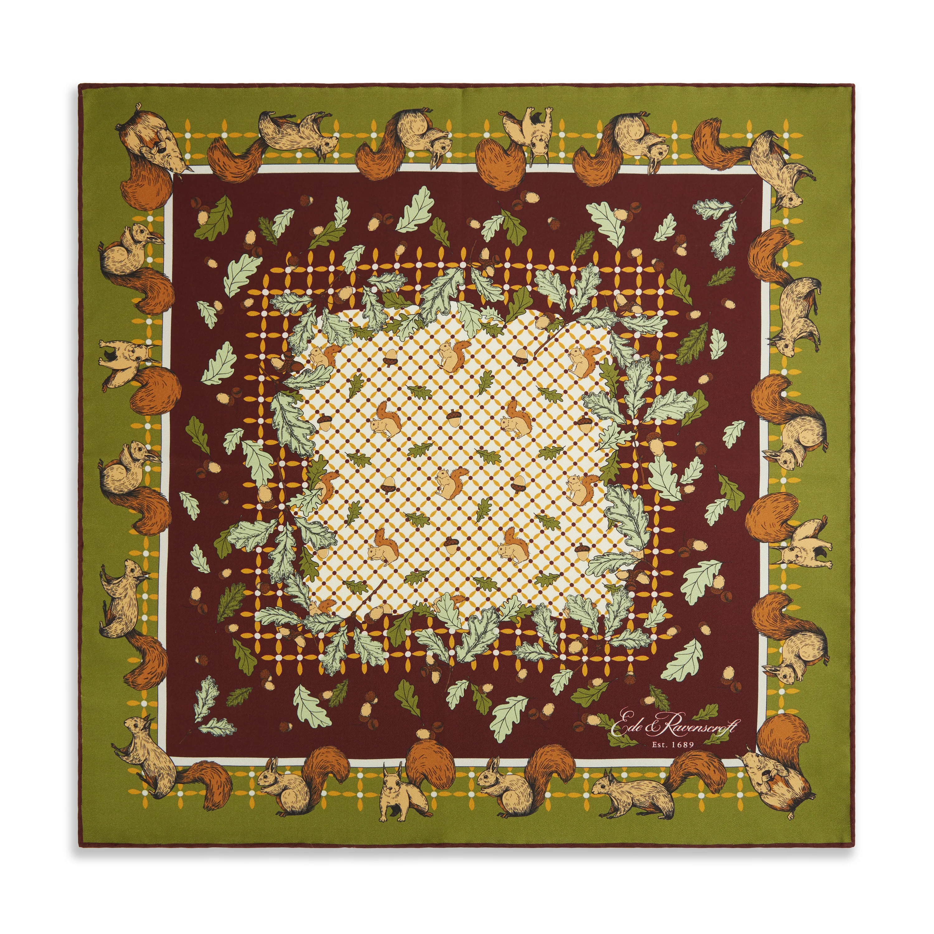 Green Squirrel and Acorn Printed Silk Pocket Square - Image 2