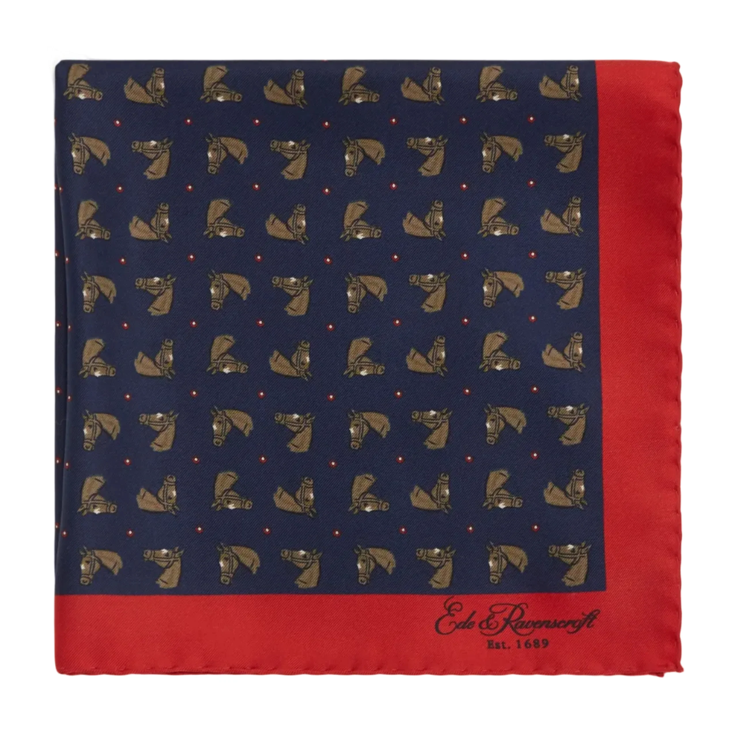 Navy and Red Horse Silk Pocket Square
