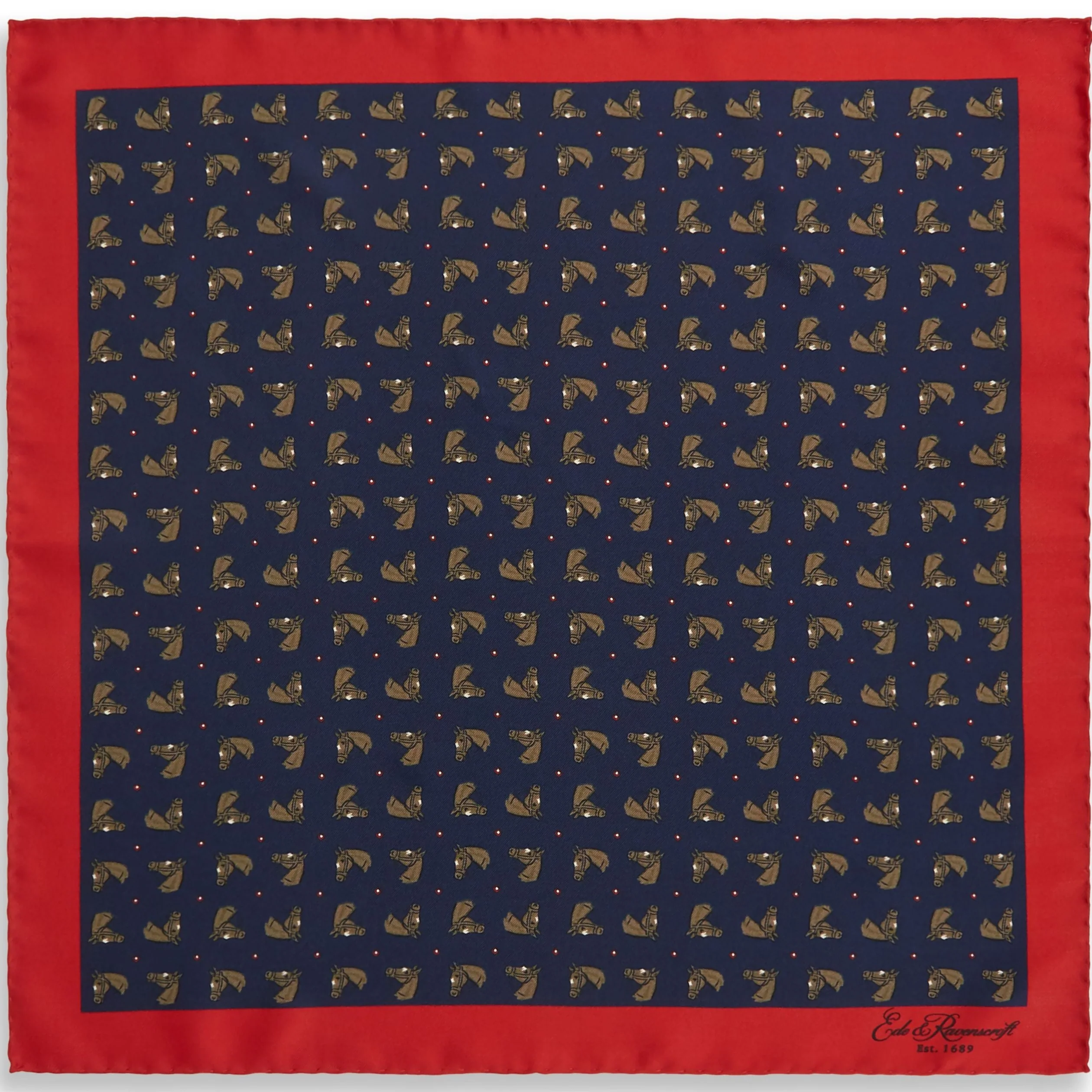 Navy and Red Horse Silk Pocket Square - Image 2