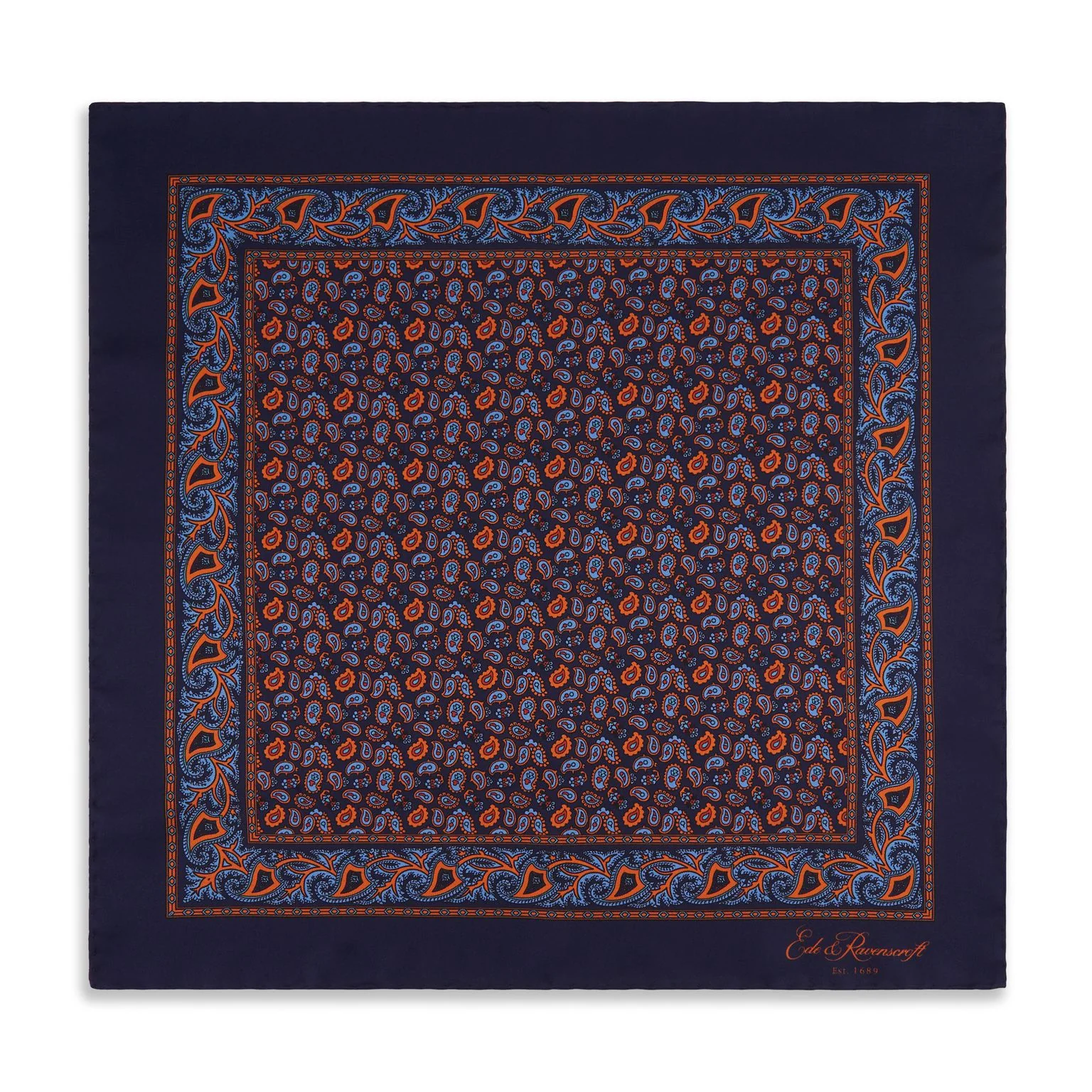 Navy and Orange Paisley Madder Silk Pocket Square - Image 2