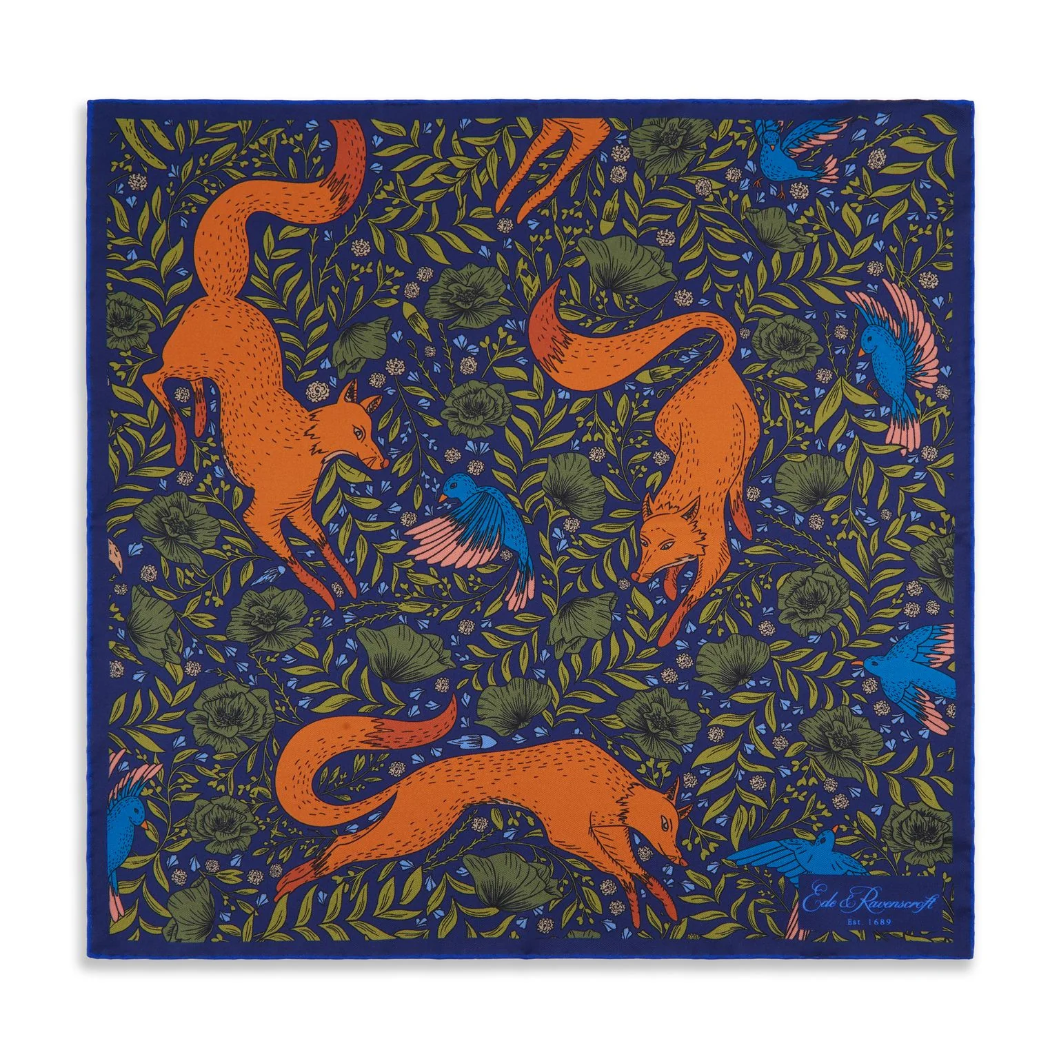 Navy and Orange Playful Fox Silk Pocket Square - Image 2