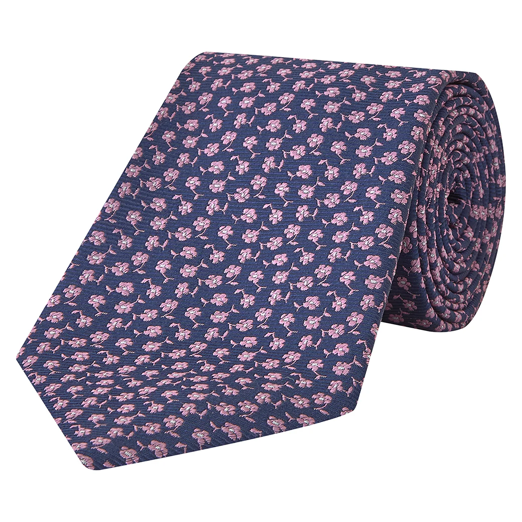 Navy and Pink Micro Flower Woven Silk Tie