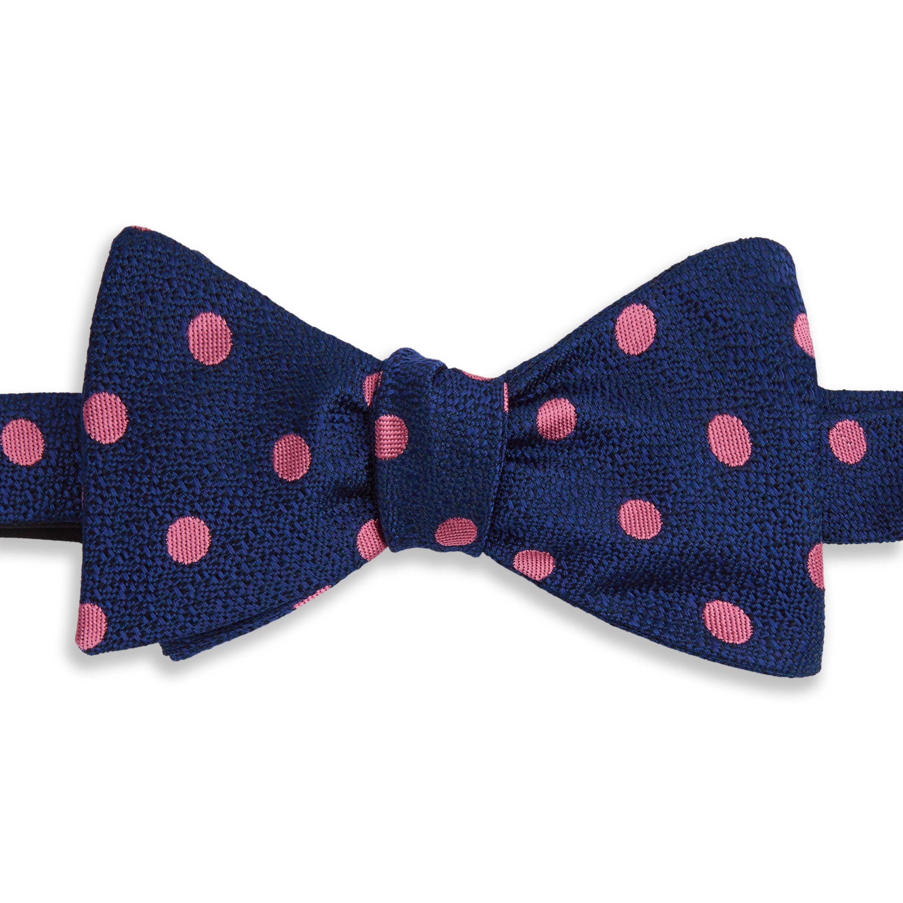 Navy and Pink Polka Dot Textured Silk Bow Tie