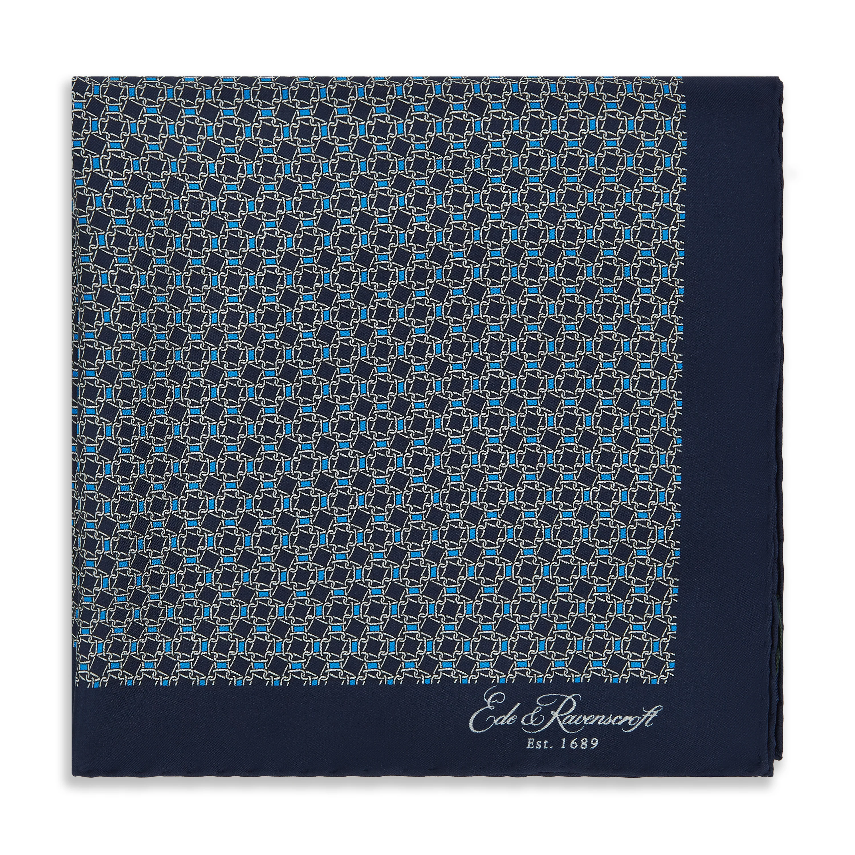 Navy Blue Chain Geometric Printed Silk Pocket Square