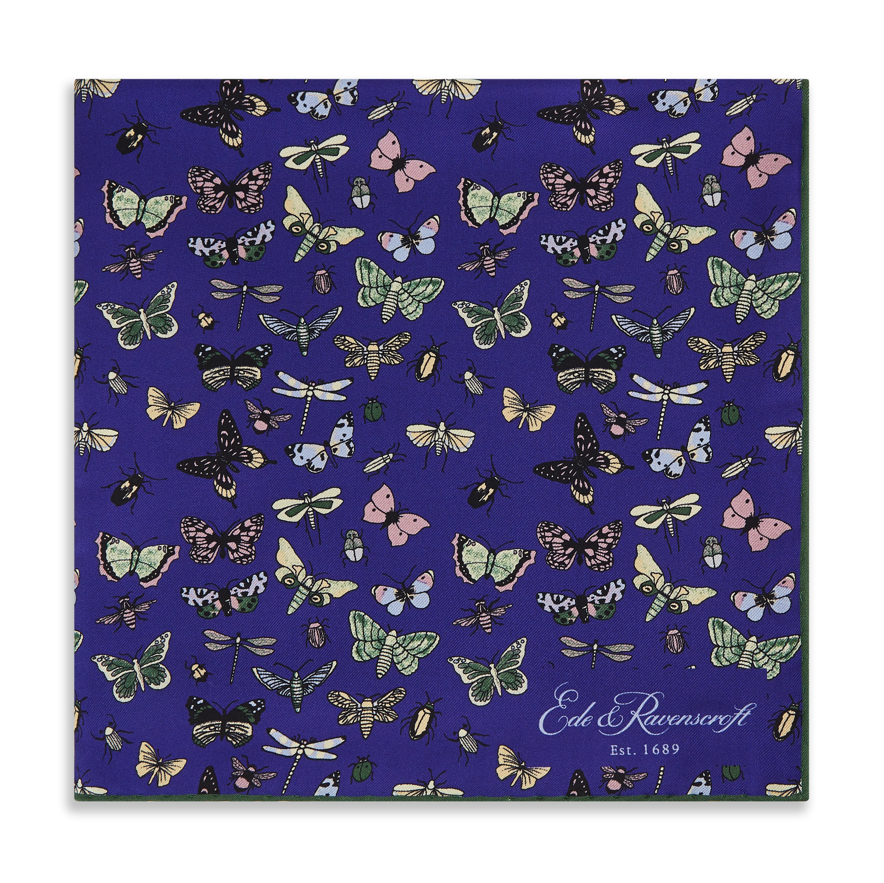 Navy Green Butterfly Silk Square Scarf