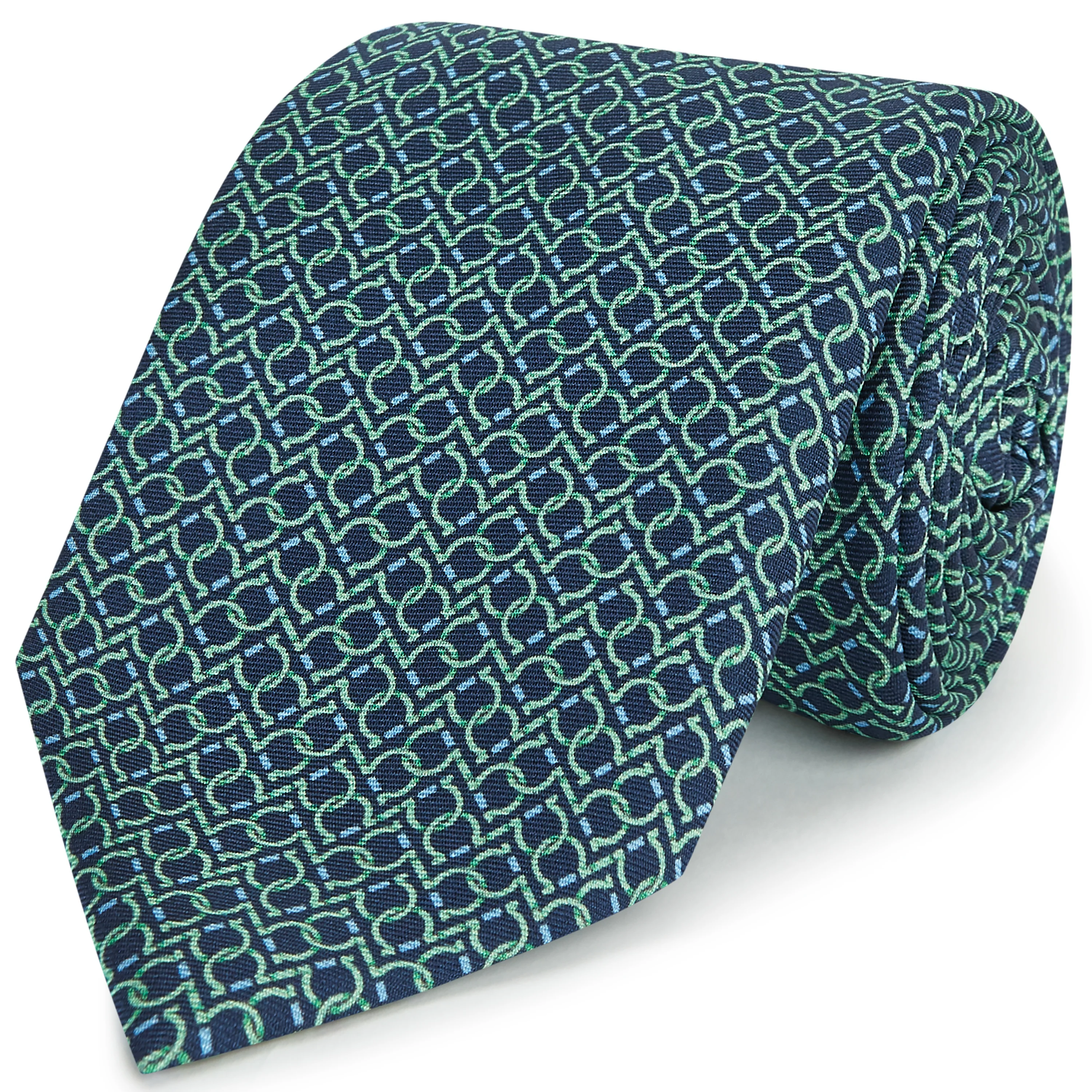 Navy Green Circle Chain Print Silk Tie