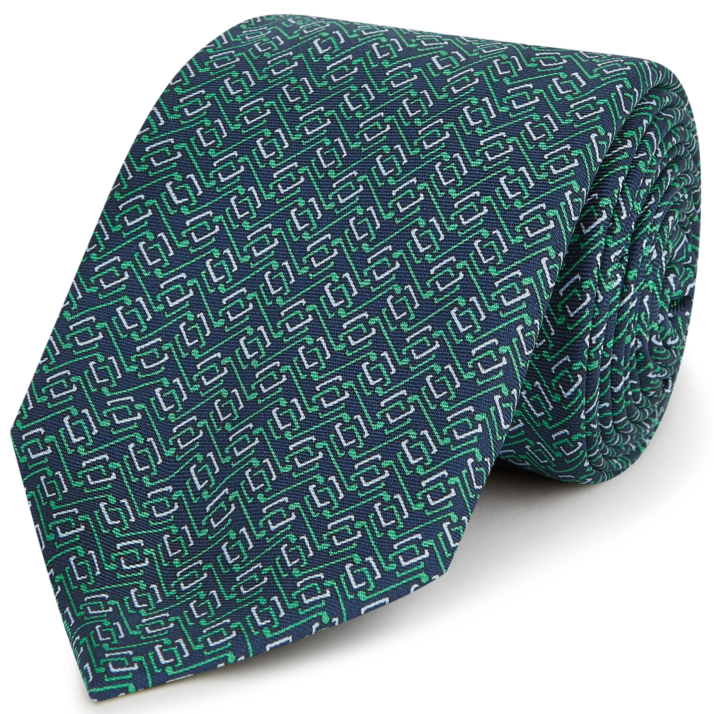 Navy Green Circuit Print Silk Tie