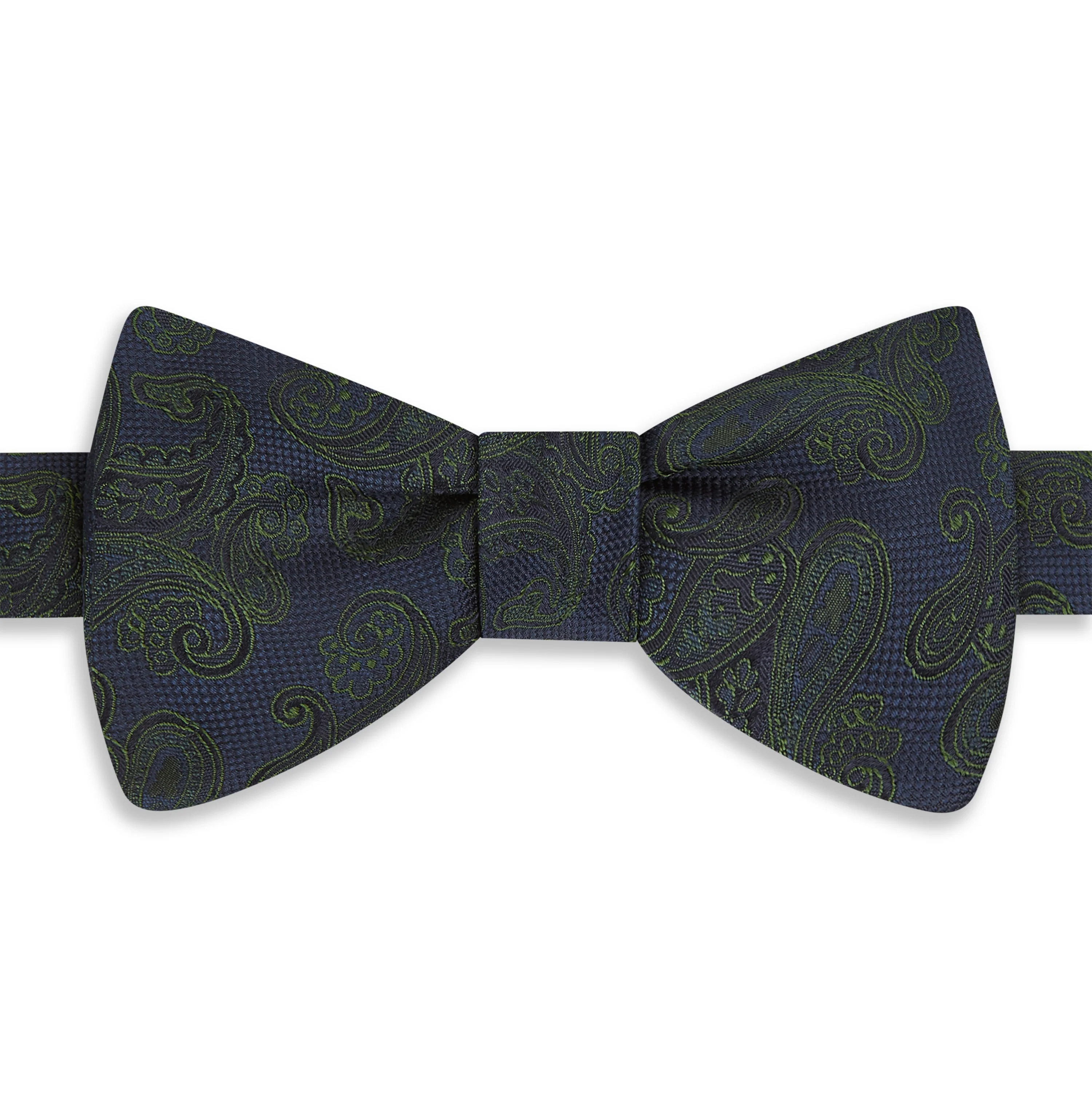 Navy Green Paisley Woven Silk Bow Tie