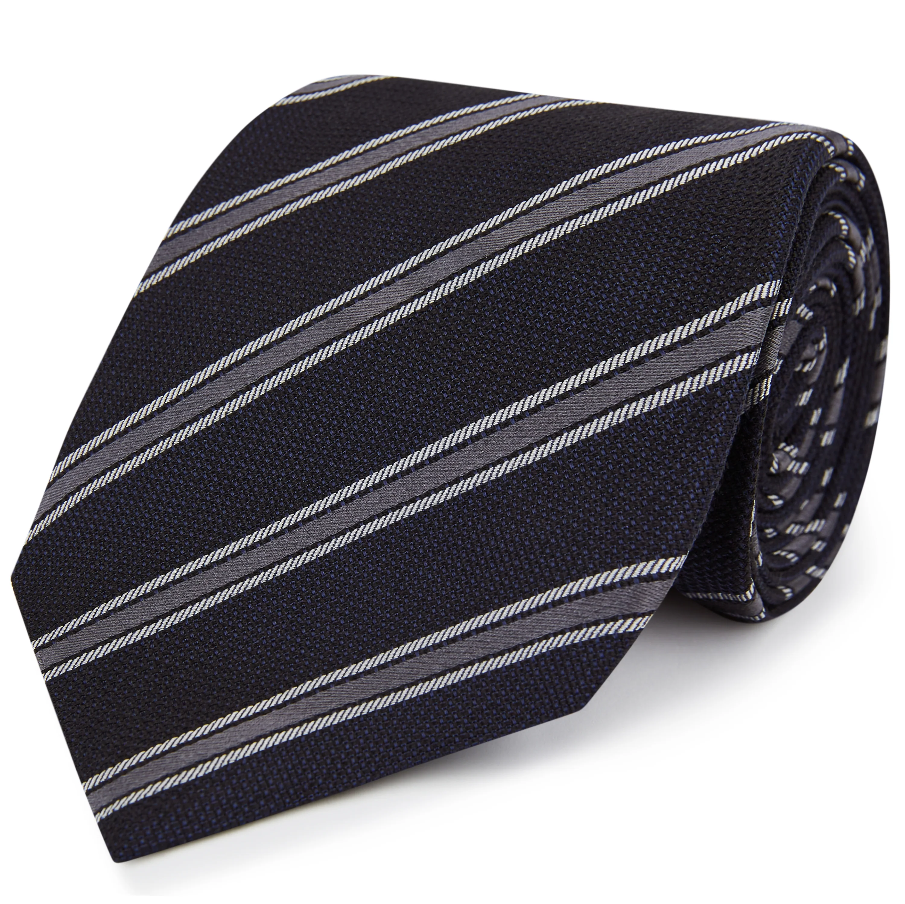 Navy Grey Textured Stripe Woven Silk Tie