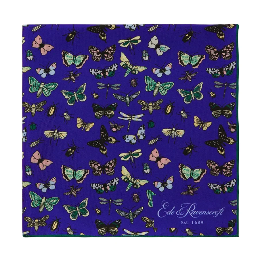Navy Butterfly Printed Silk Pocket Square