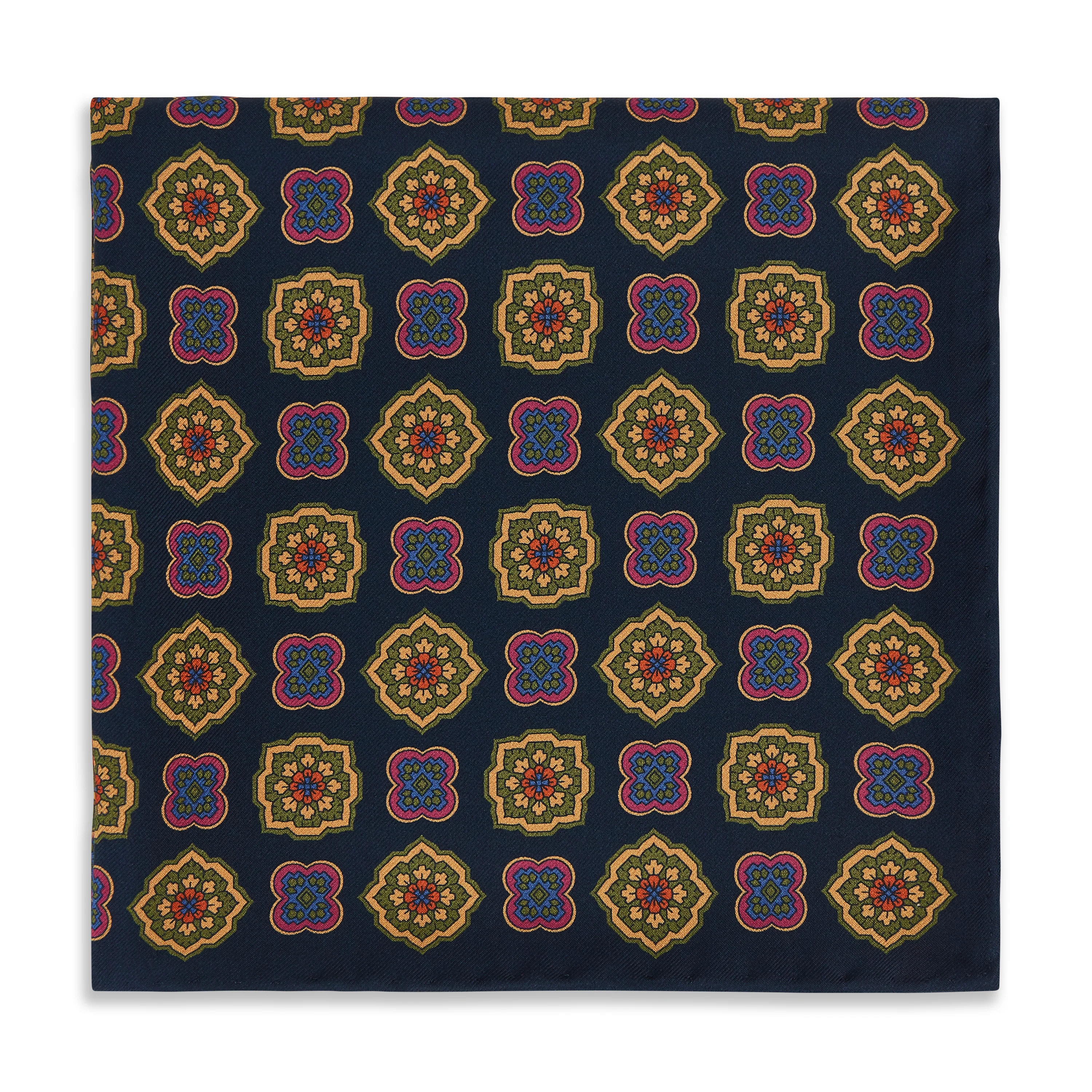 Navy Pink Medallion Madder Reversible Silk Pocket Square