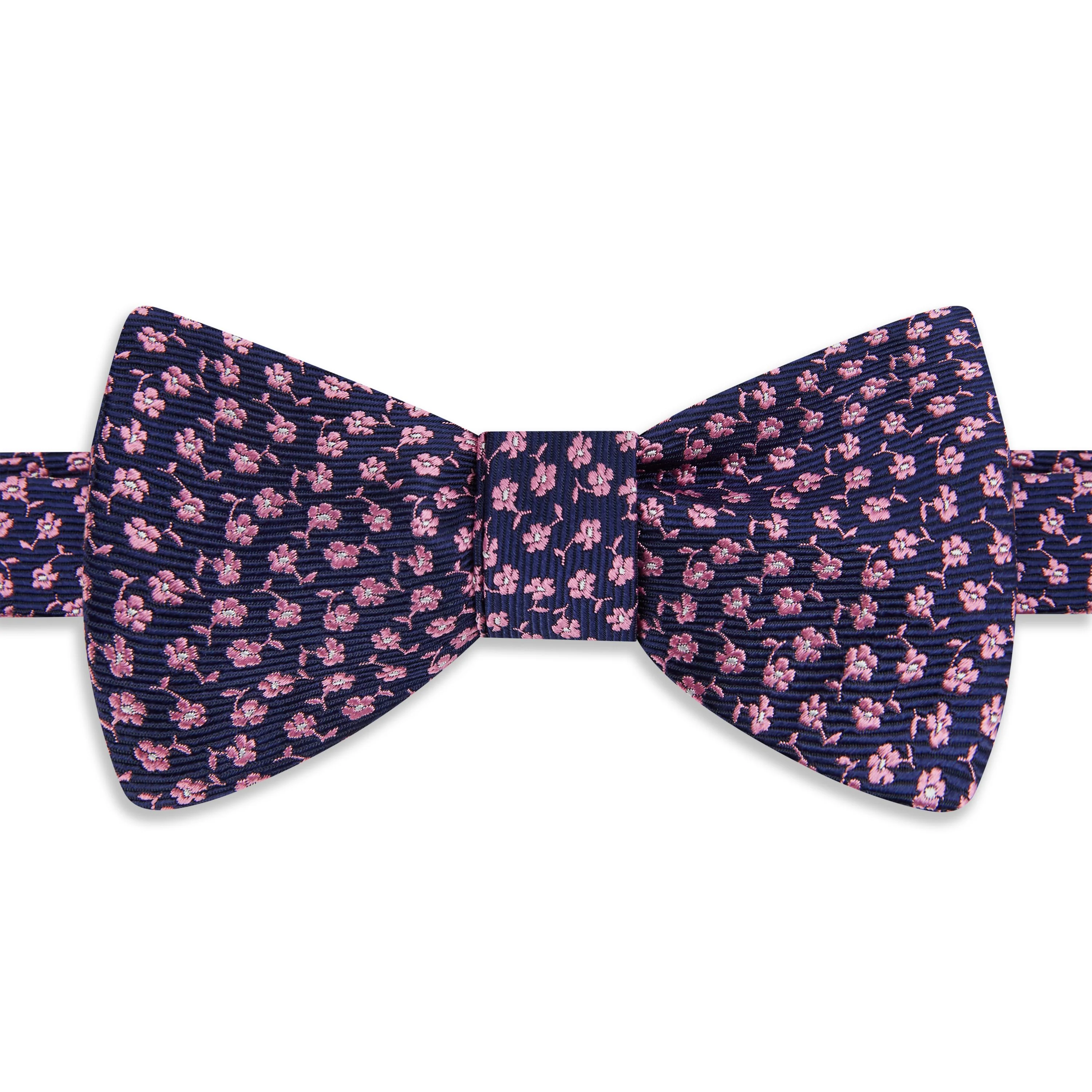 Navy Pink Micro Floral Jacquard Woven Silk Bow Tie