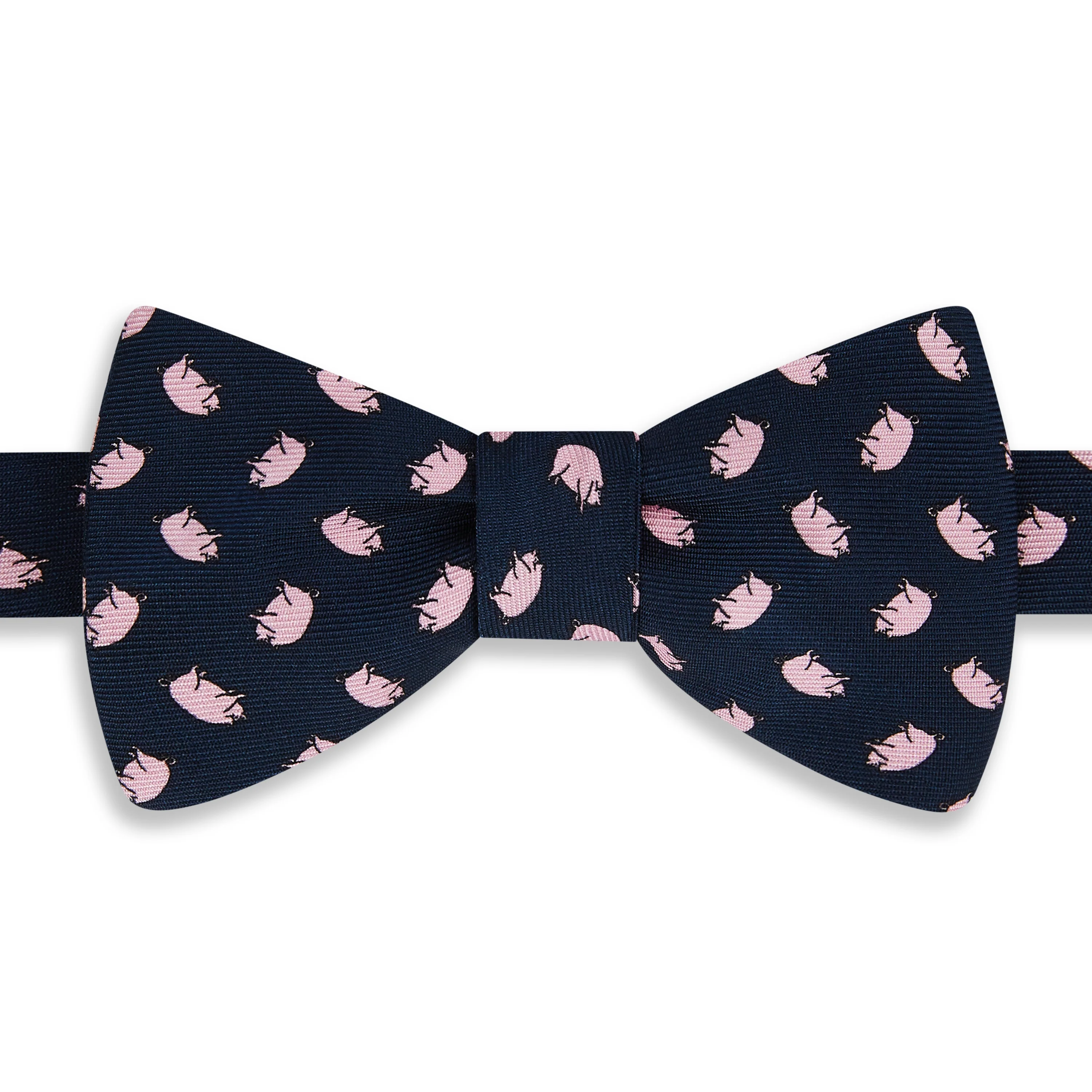 Navy Pink Micro Pig Motif Printed Silk Bow Tie
