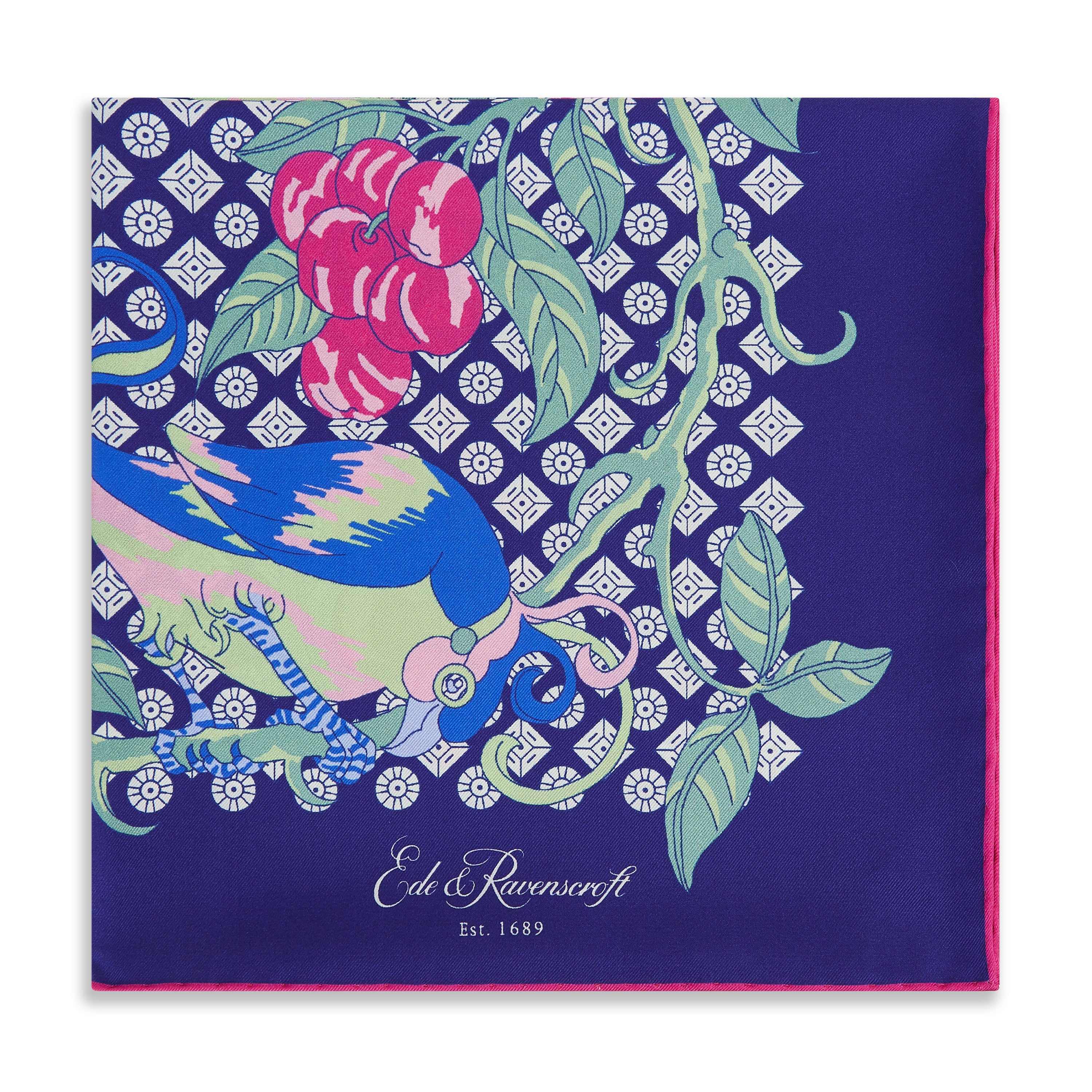 Navy Pink Parrot Silk Square Scarf