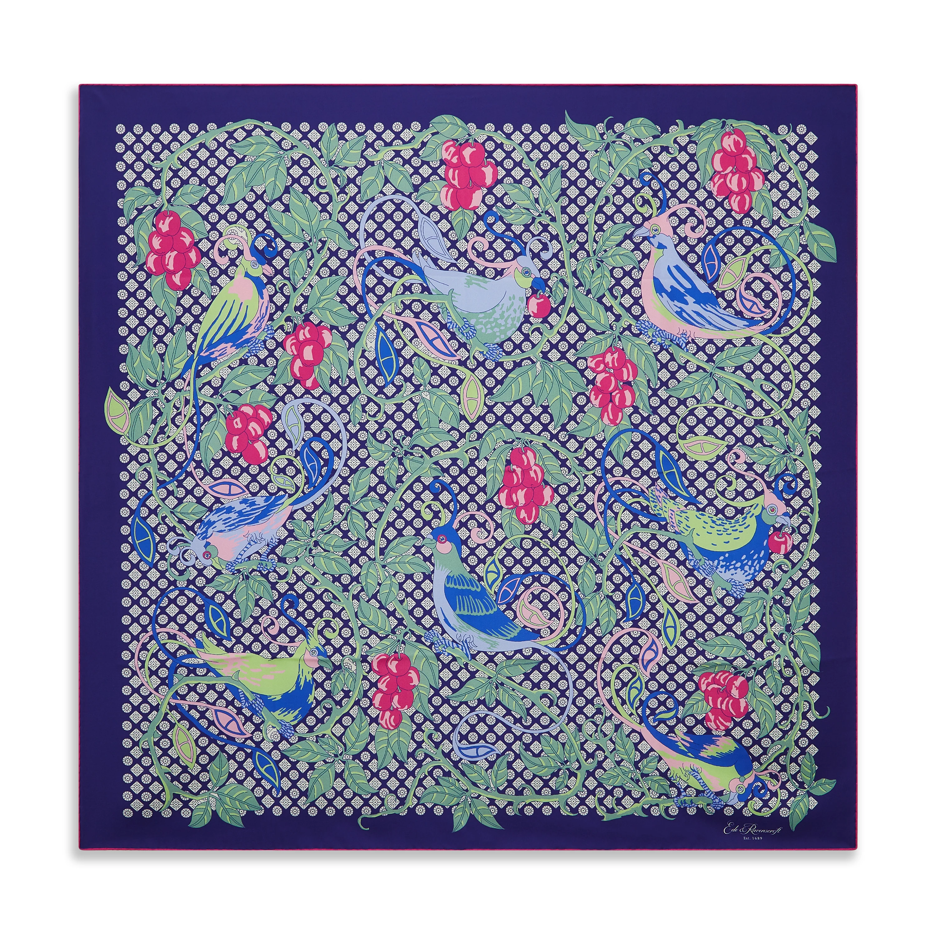 Navy Pink Parrot Silk Square Scarf - Image 2