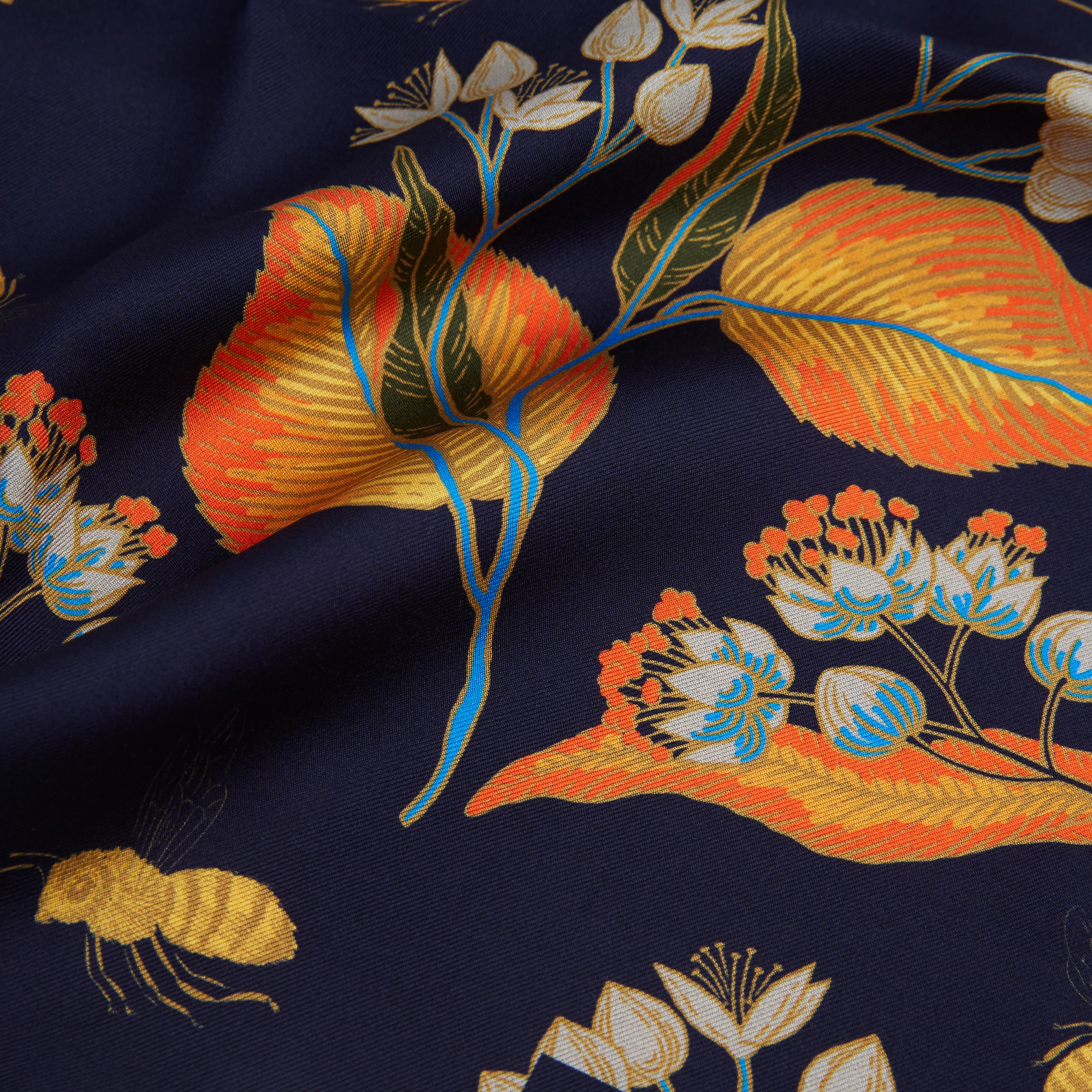 Navy Small Foliage Bee Silk Pocket Square - Image 2