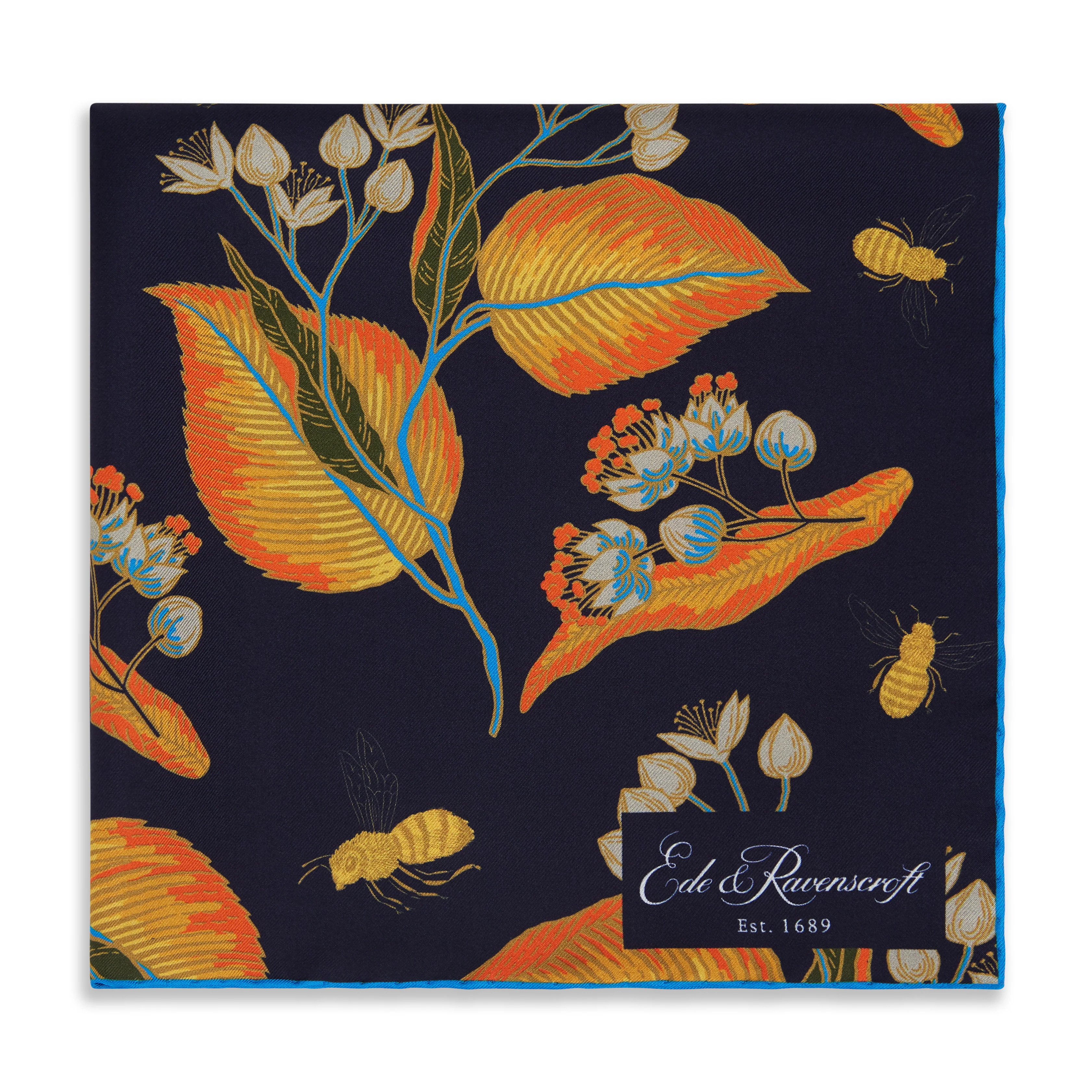 Navy Small Foliage Bee Silk Pocket Square - Image 3
