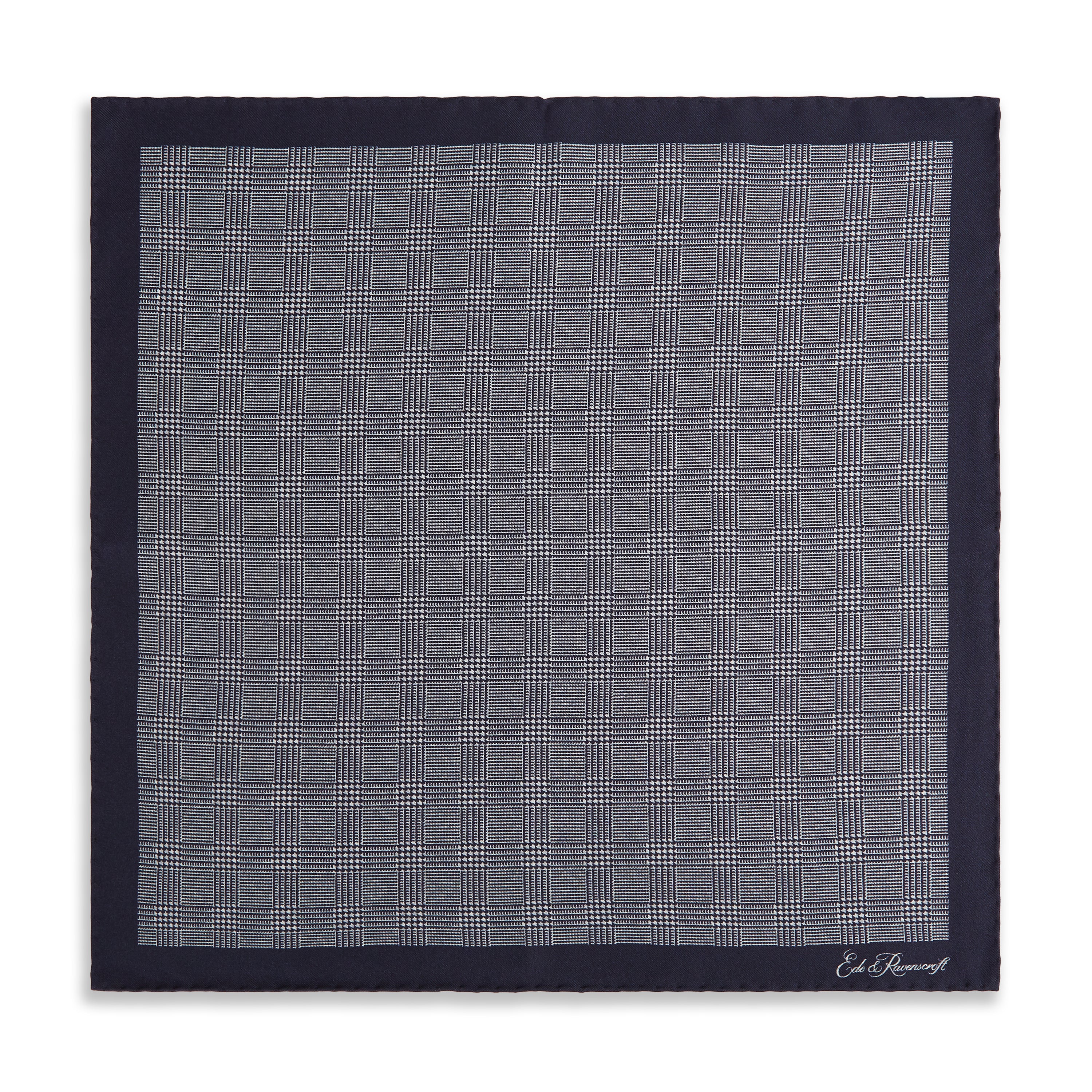 Navy White Prince of Wales Geometric Double Faced Silk Pocket Square
