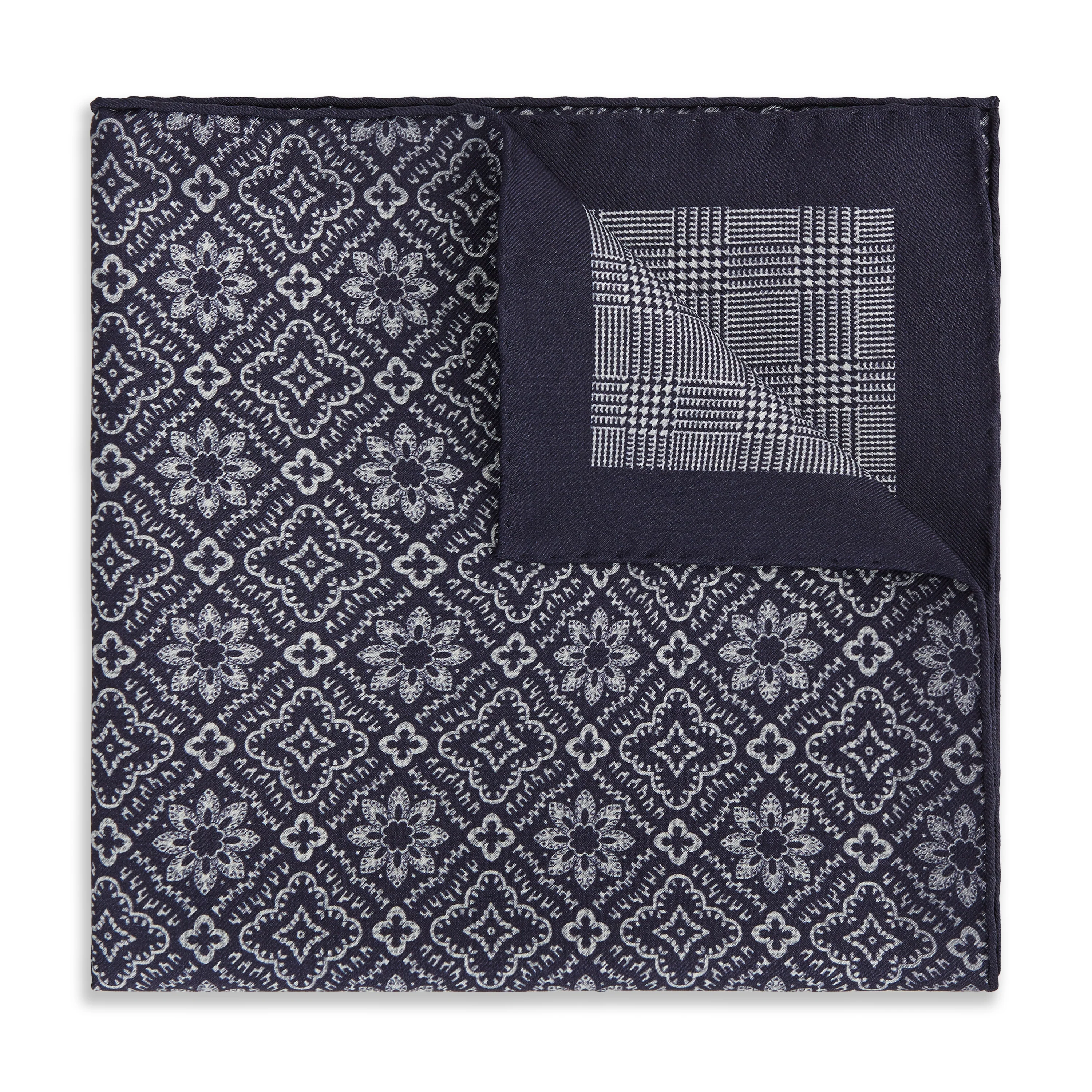 Navy White Prince of Wales Geometric Double Faced Silk Pocket Square - Image 2