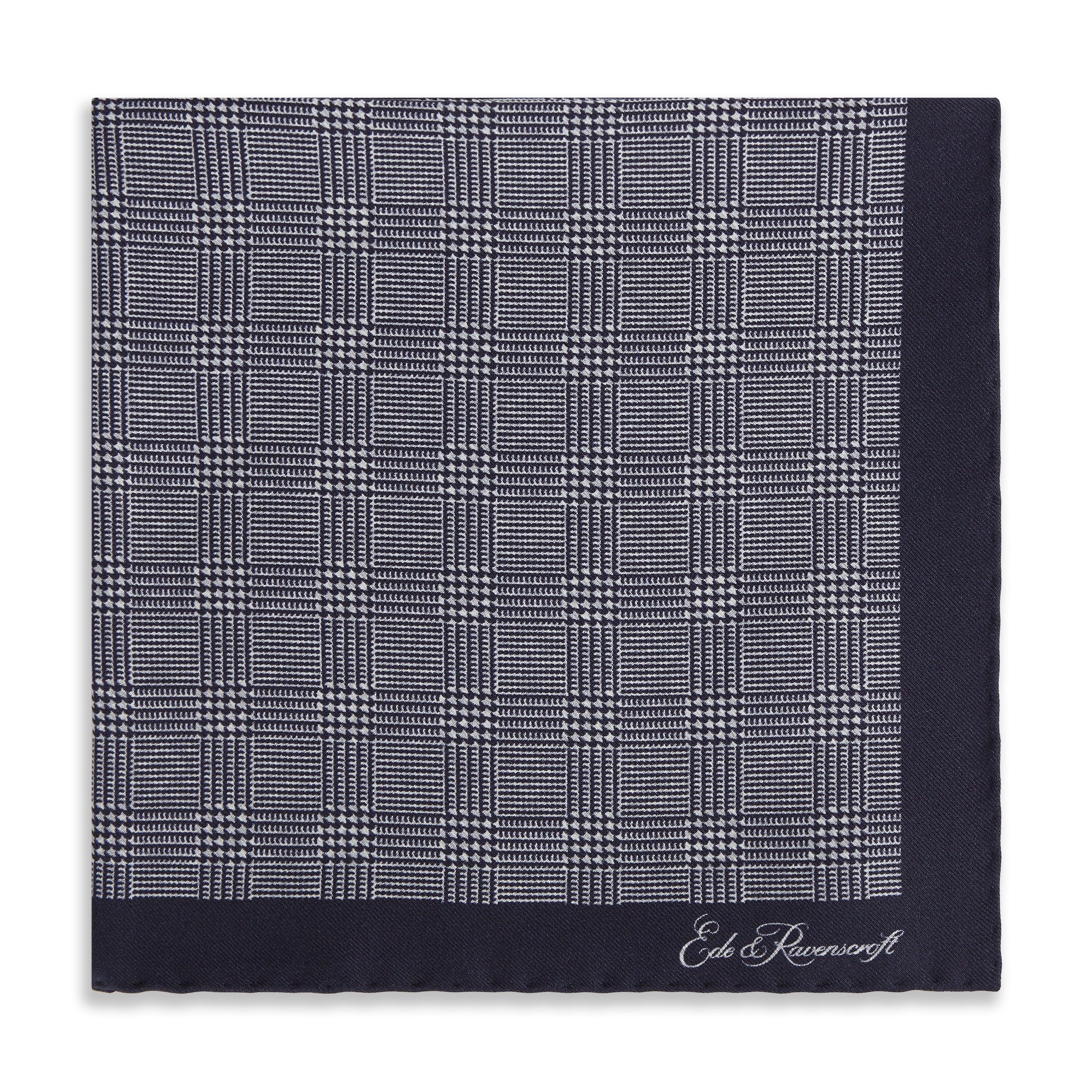 Navy White Prince of Wales Geometric Double Faced Silk Pocket Square - Image 3