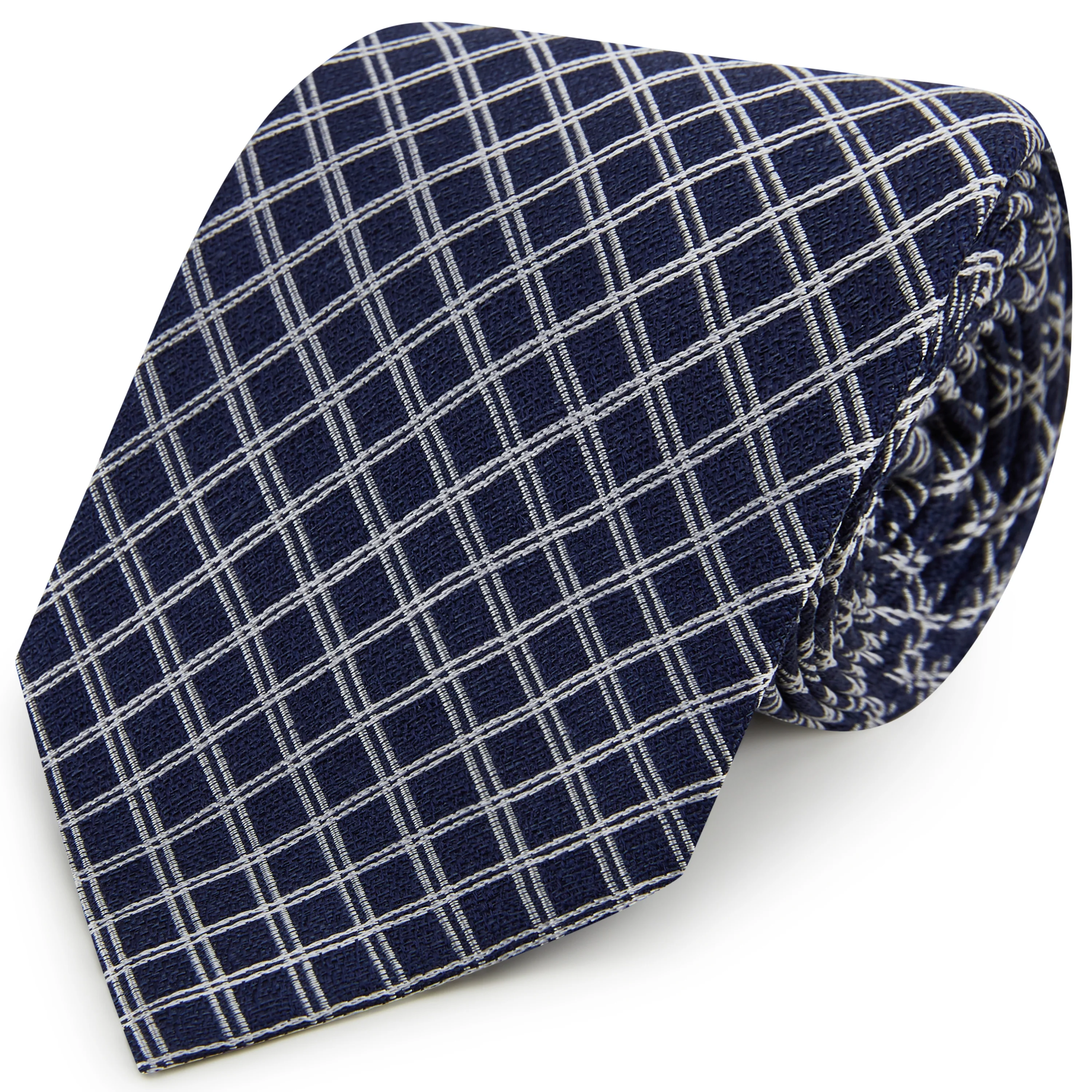 Navy White Textured Check Woven Silk Tie