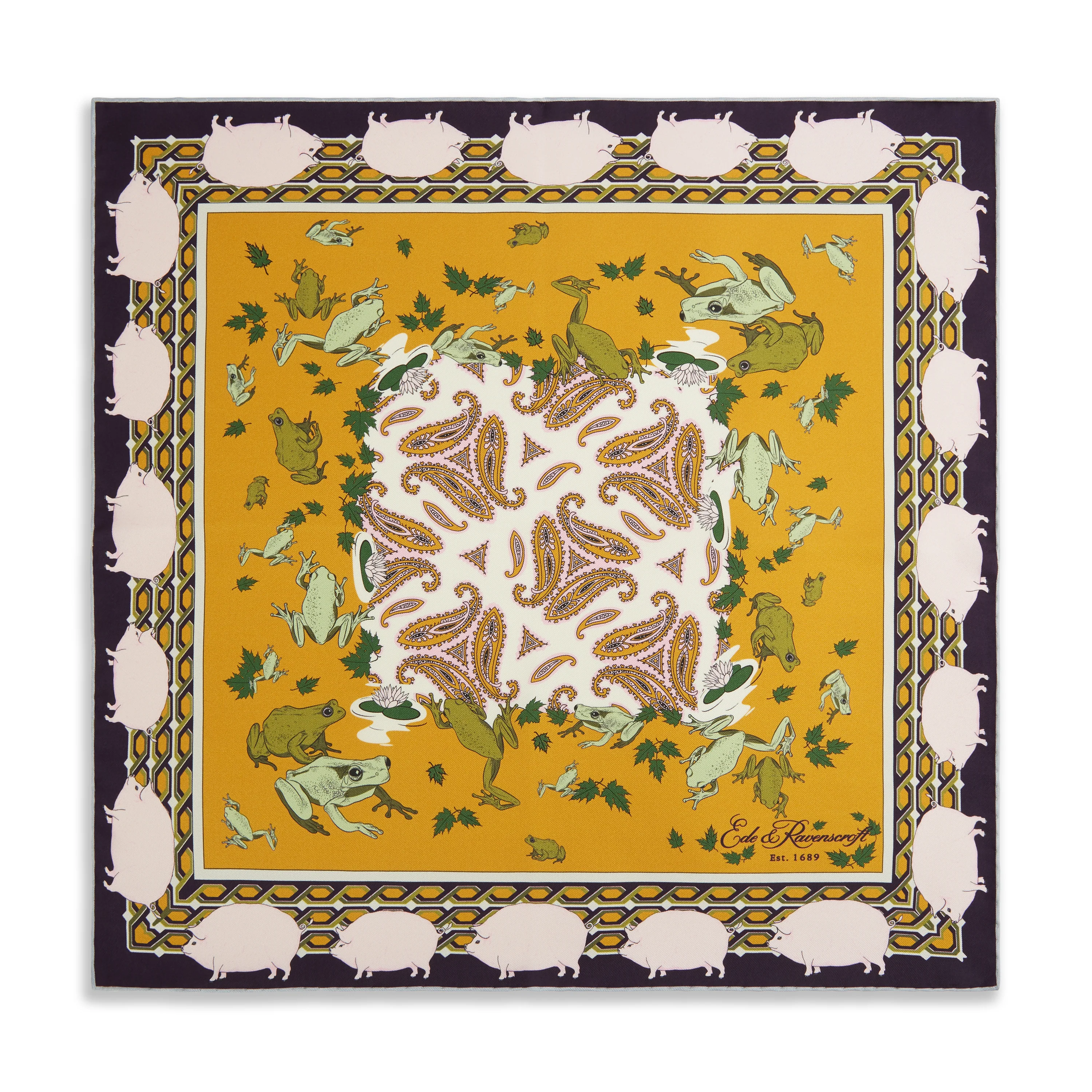 Ochre Pink Paisley Frog and Pig Printed Silk Pocket Square - Image 2