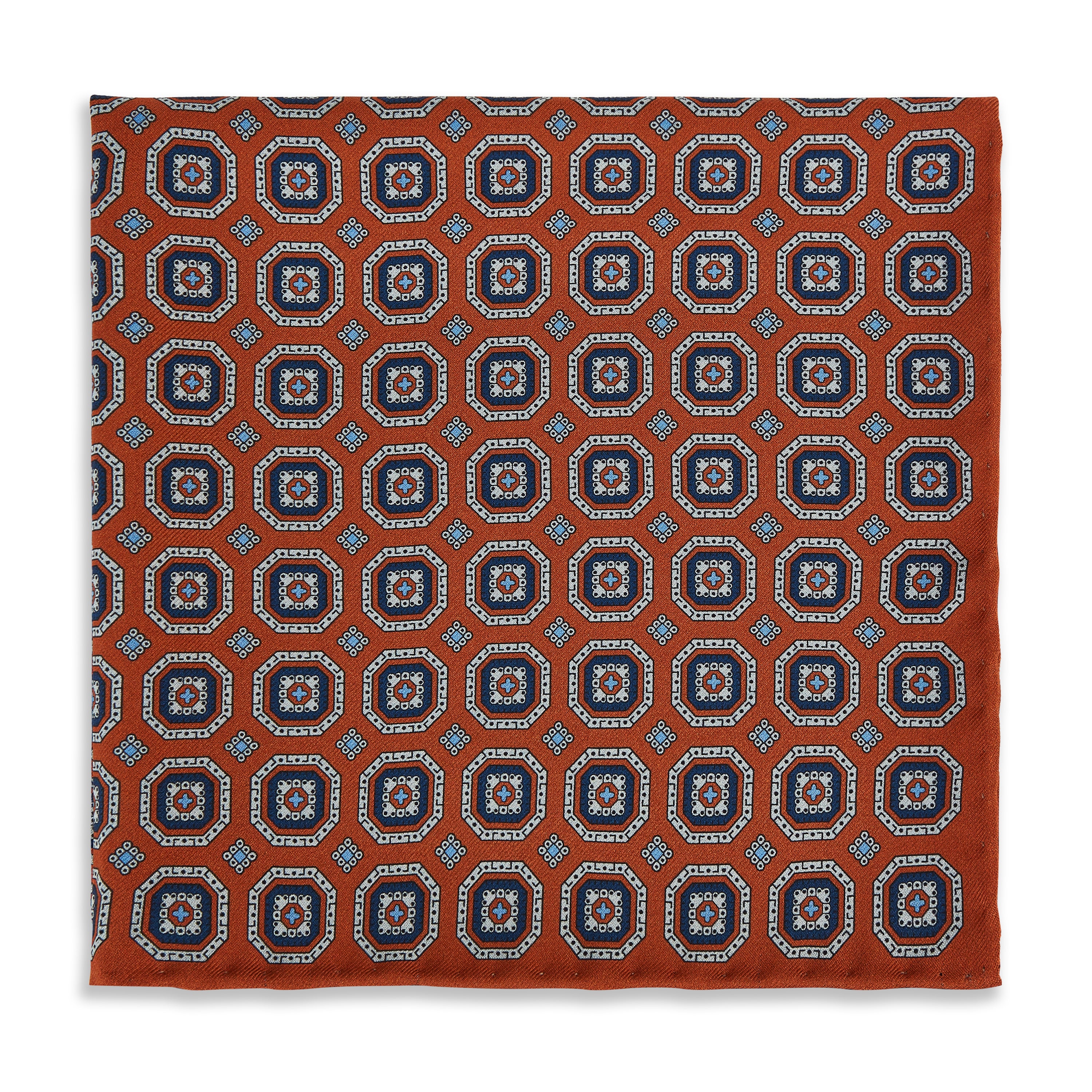 Orange Blue Medallion Madder Reversible Silk Pocket Square