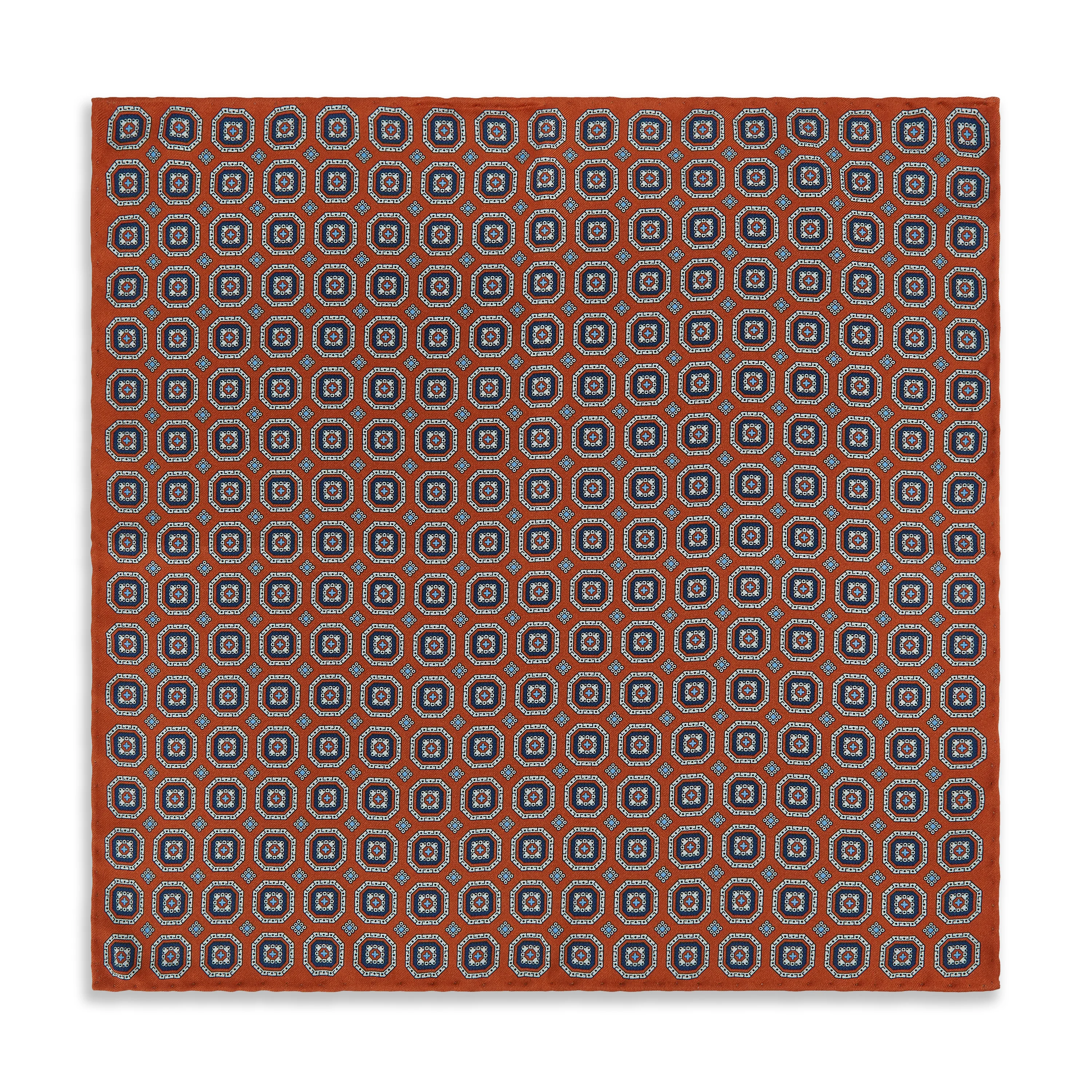 Orange Blue Medallion Madder Reversible Silk Pocket Square - Image 2