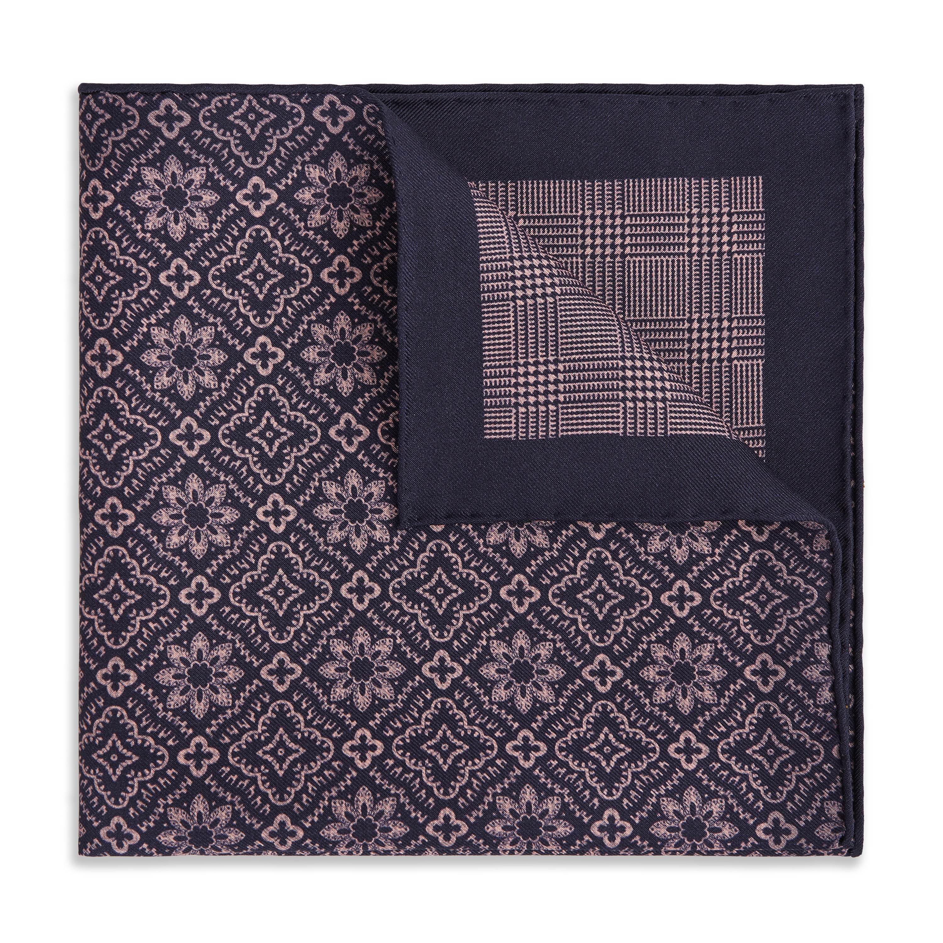 Pink Navy Prince of Wales Geometric Double Faced Silk Pocket Square - Image 2