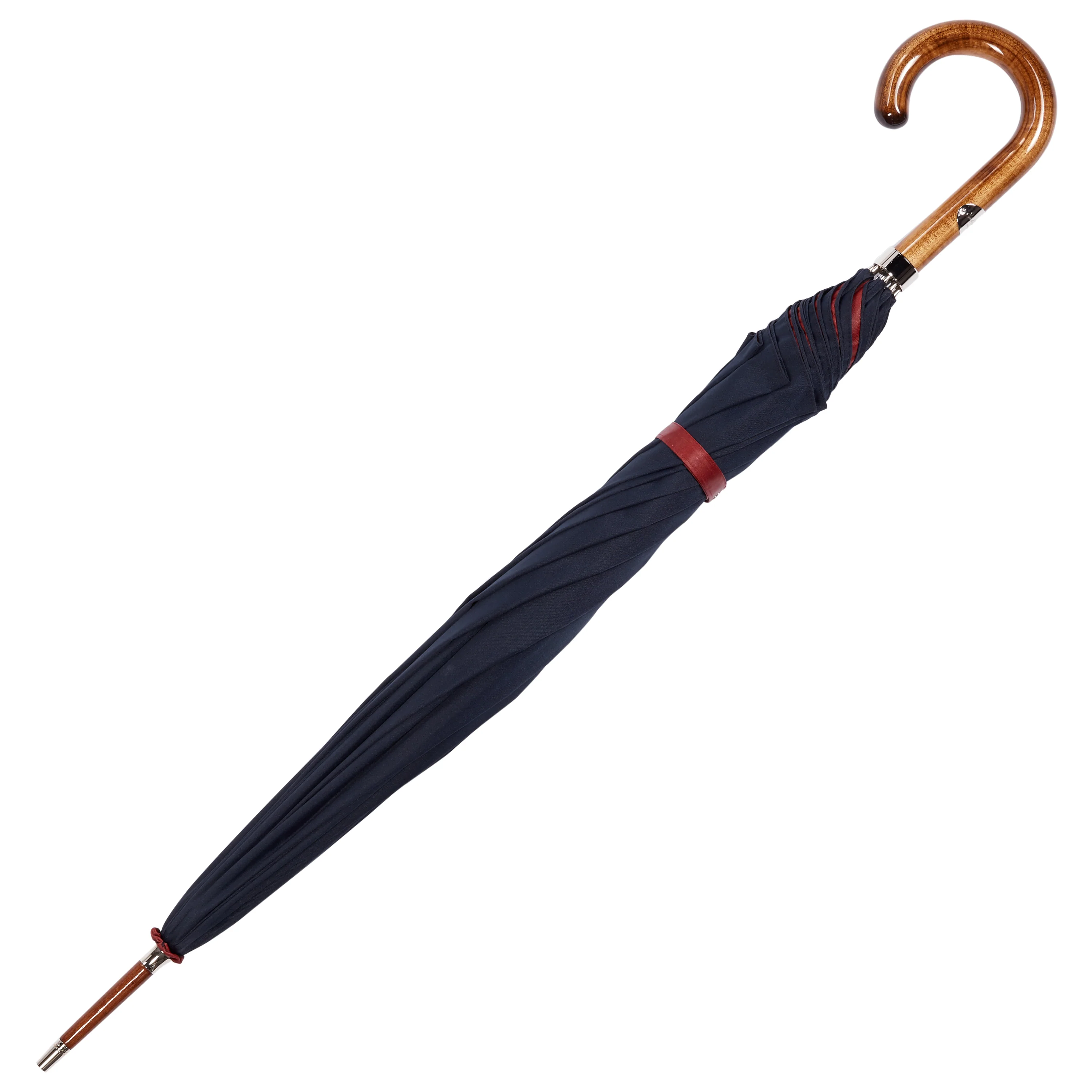 Polished Maple Wood-handle Navy and Red Umbrella - Image 2