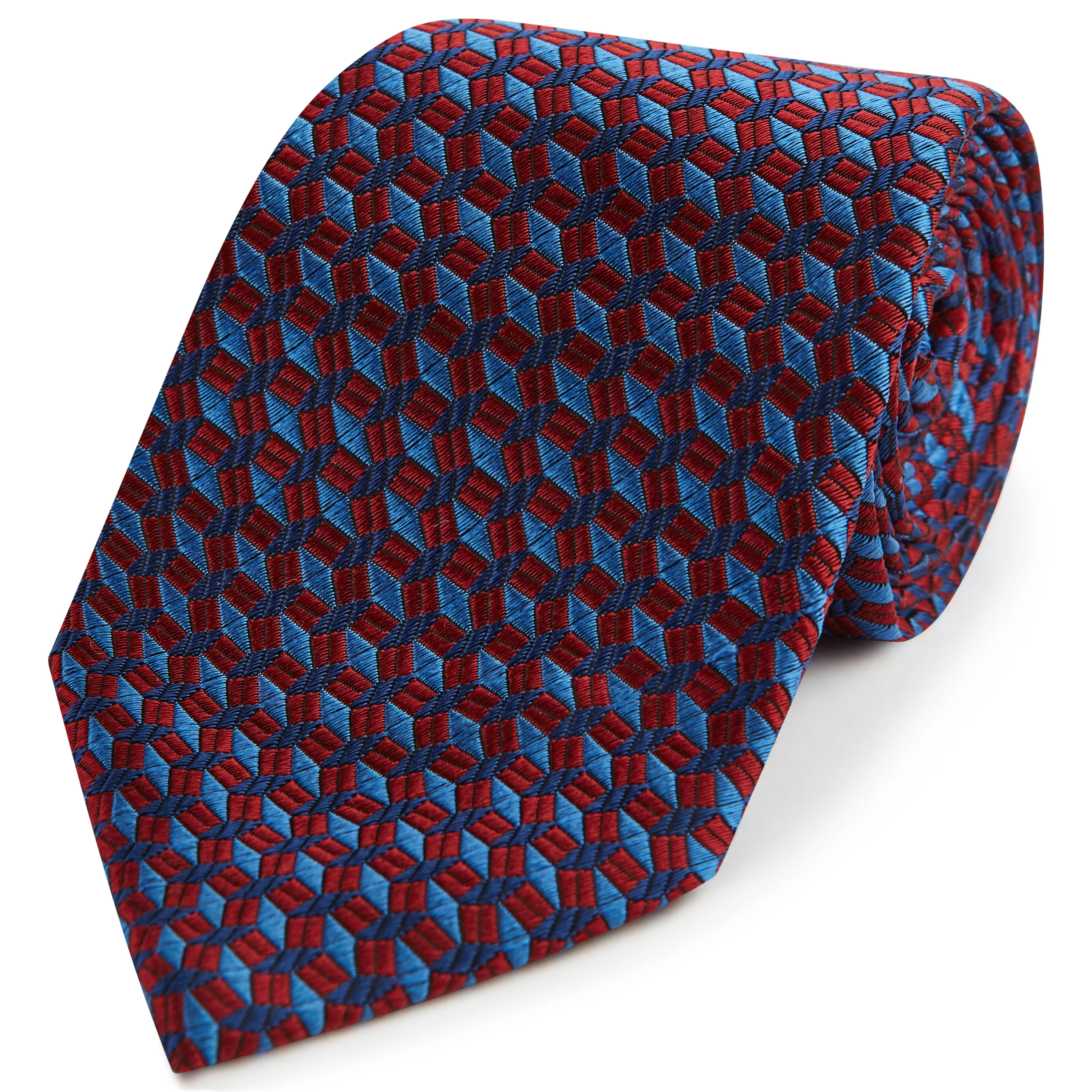 Red Blue Diamond Geometric Woven Silk Tie