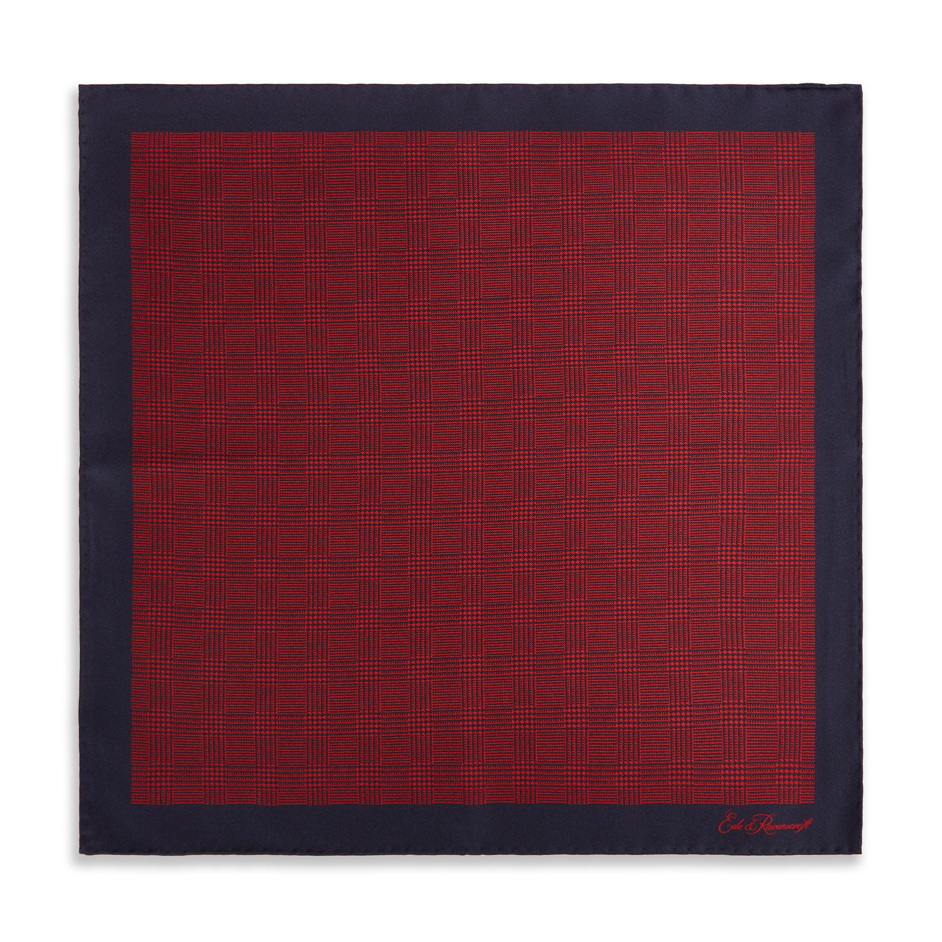 Red Navy Prince of Wales Geometric Double Faced Silk Pocket Square.