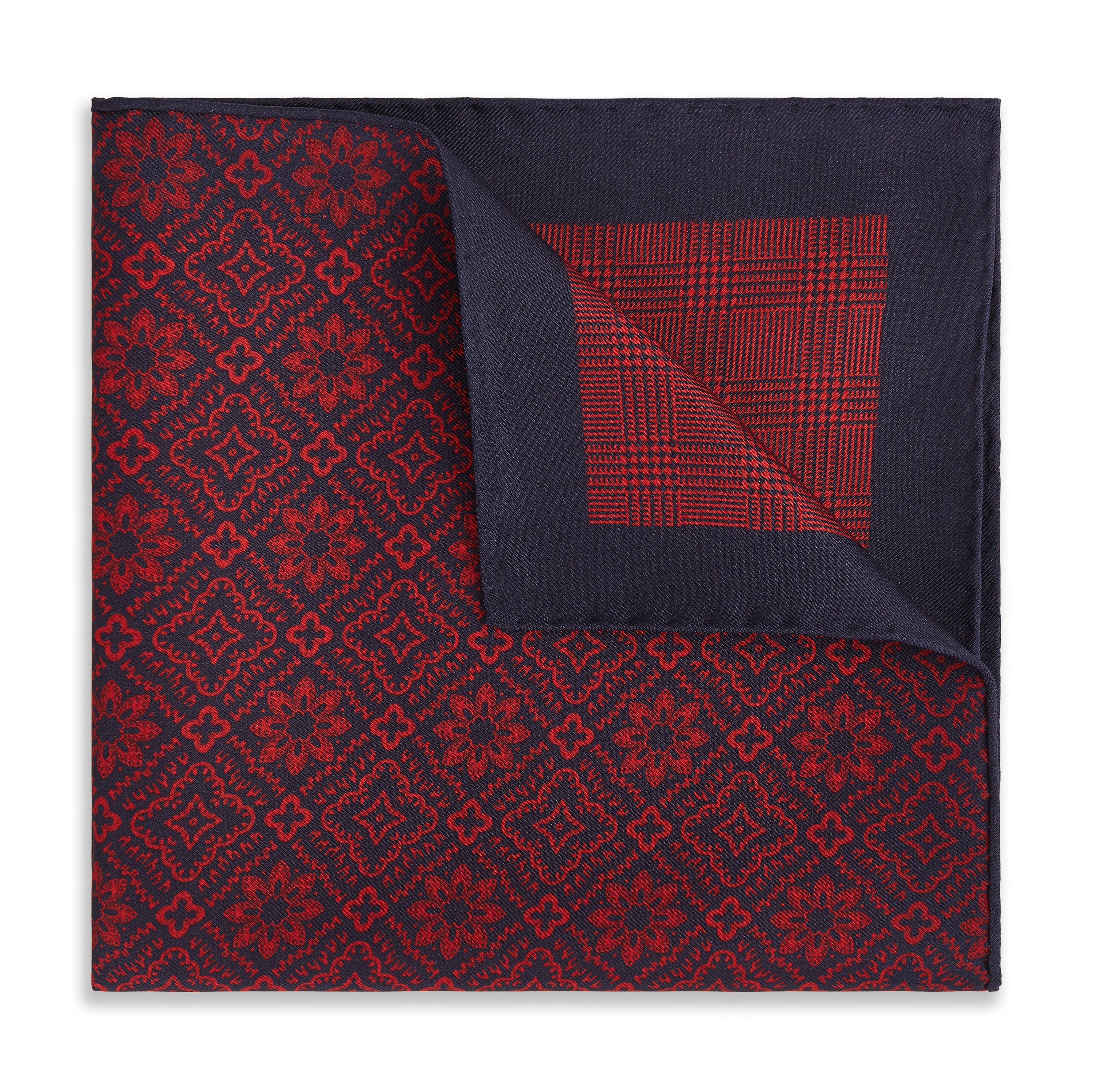 Red Navy Prince of Wales Geometric Double Faced Silk Pocket Square. - Image 2