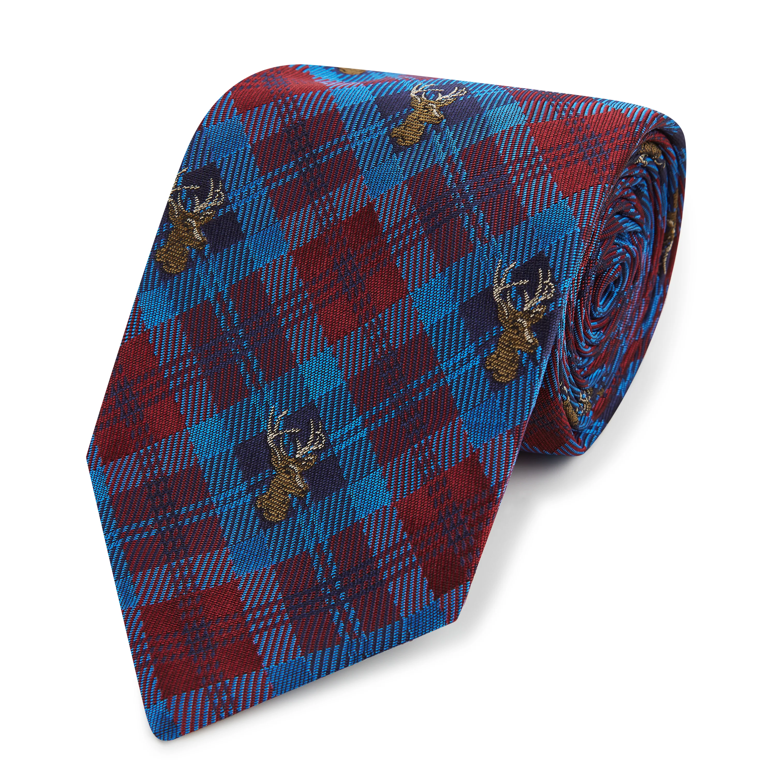 Blue Red Stag Check Woven Silk Tie