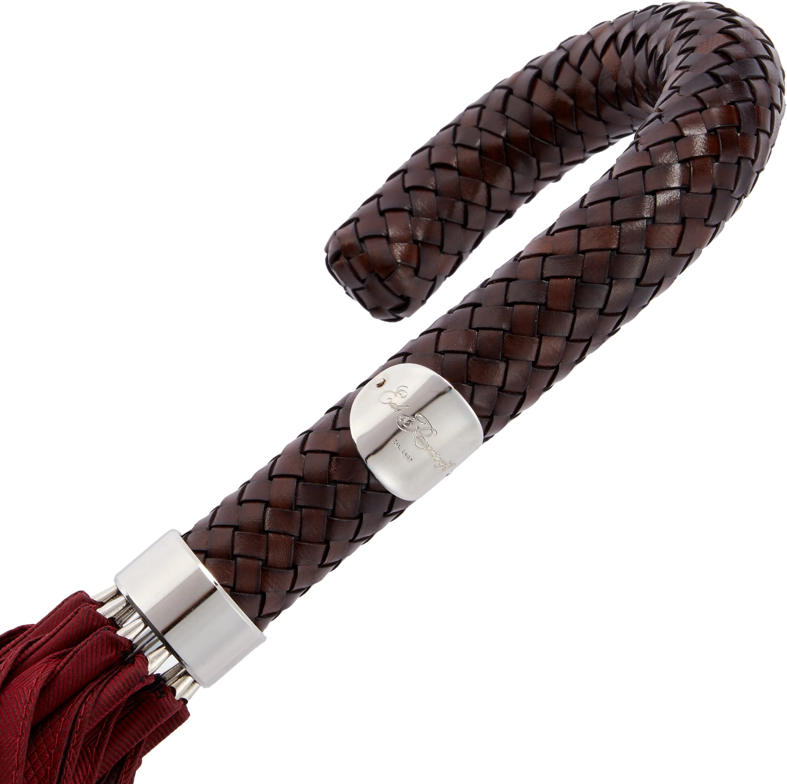 Woven Leather Handle Textured Twill Red Umbrella - Image 3