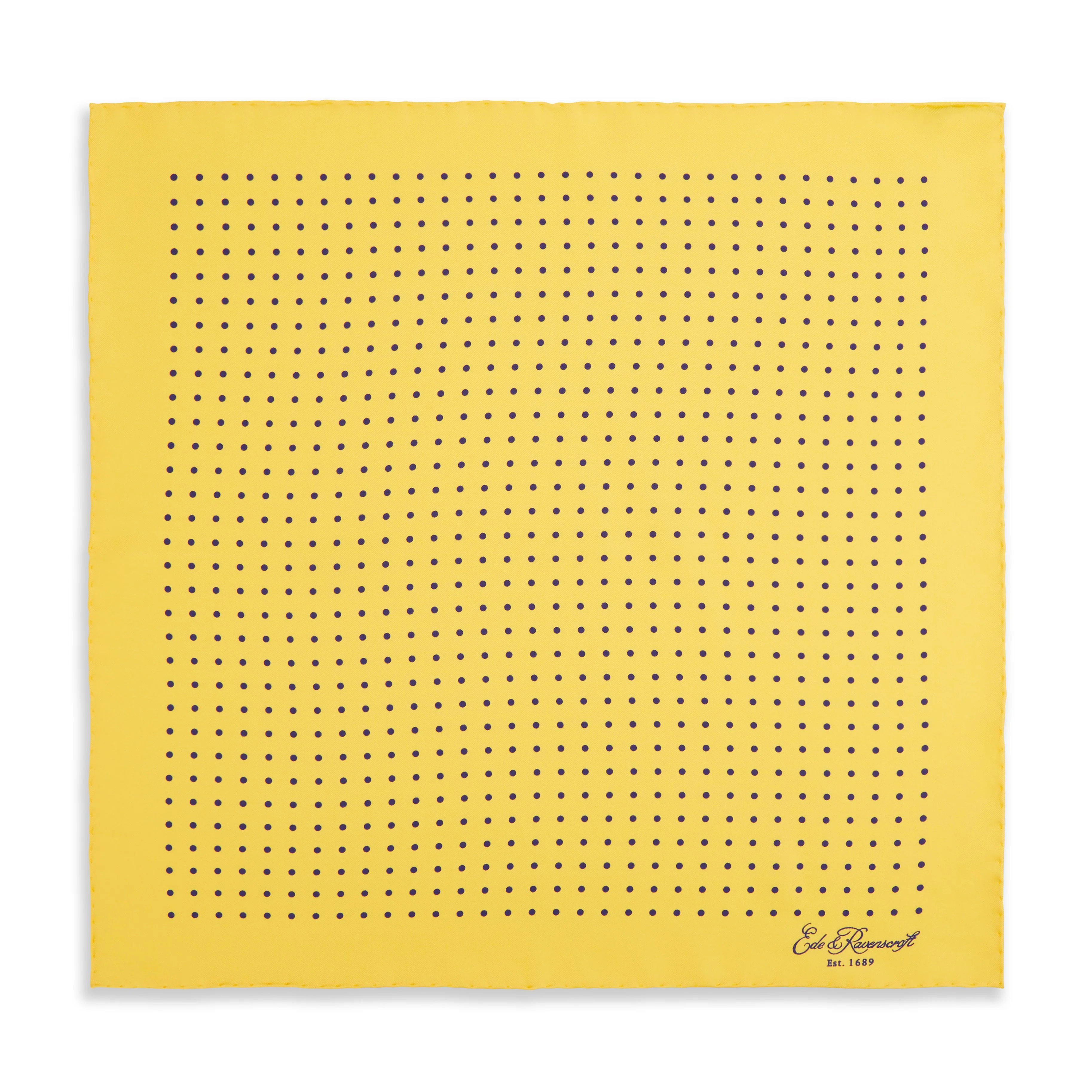 Yellow and Navy Spot Printed Silk Pocket Square - Image 2
